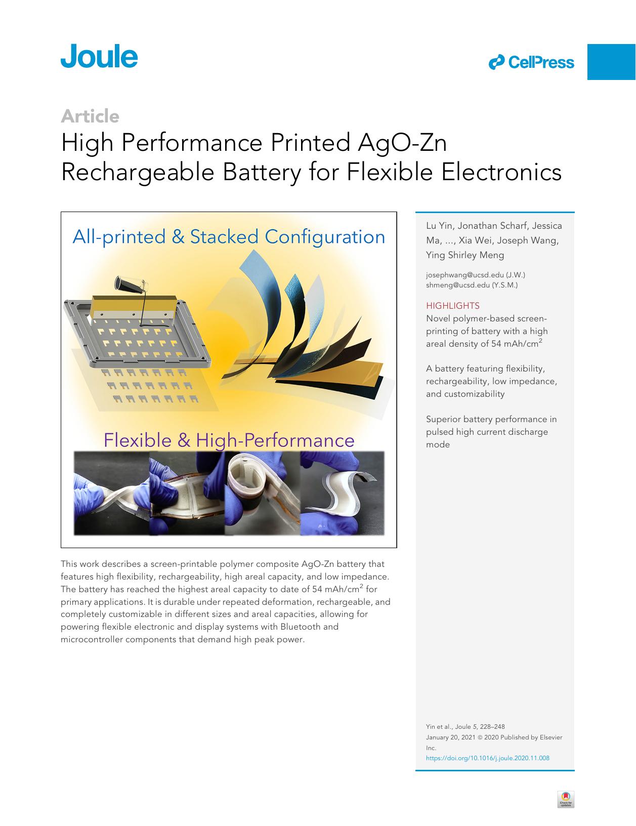 High Performance Printed AgO-Zn Rechargeable Battery for Flexible Electronics by unknow