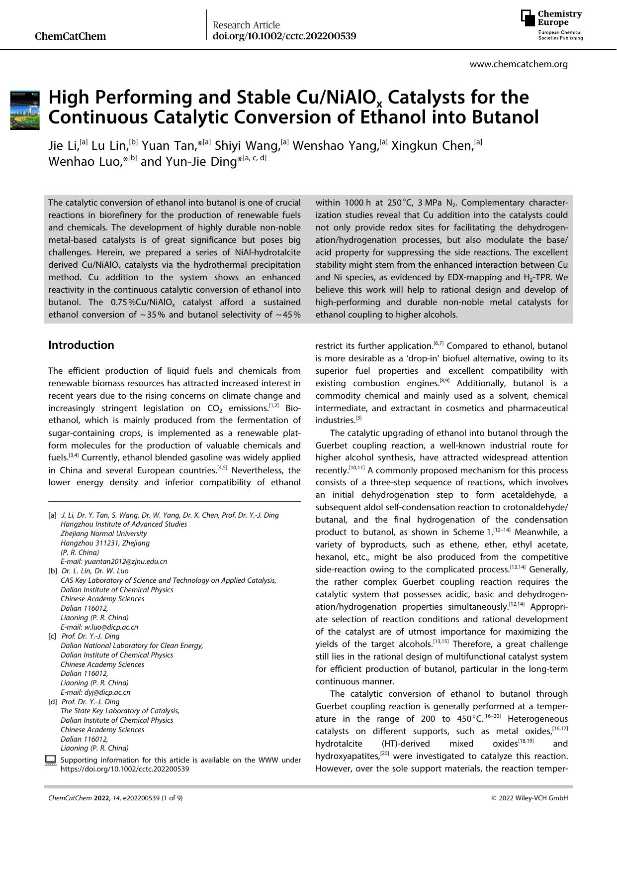 High Performing and Stable CuNiAlOx Catalysts for the Continuous Catalytic Conversion of Ethanol into Butanol by Unknown
