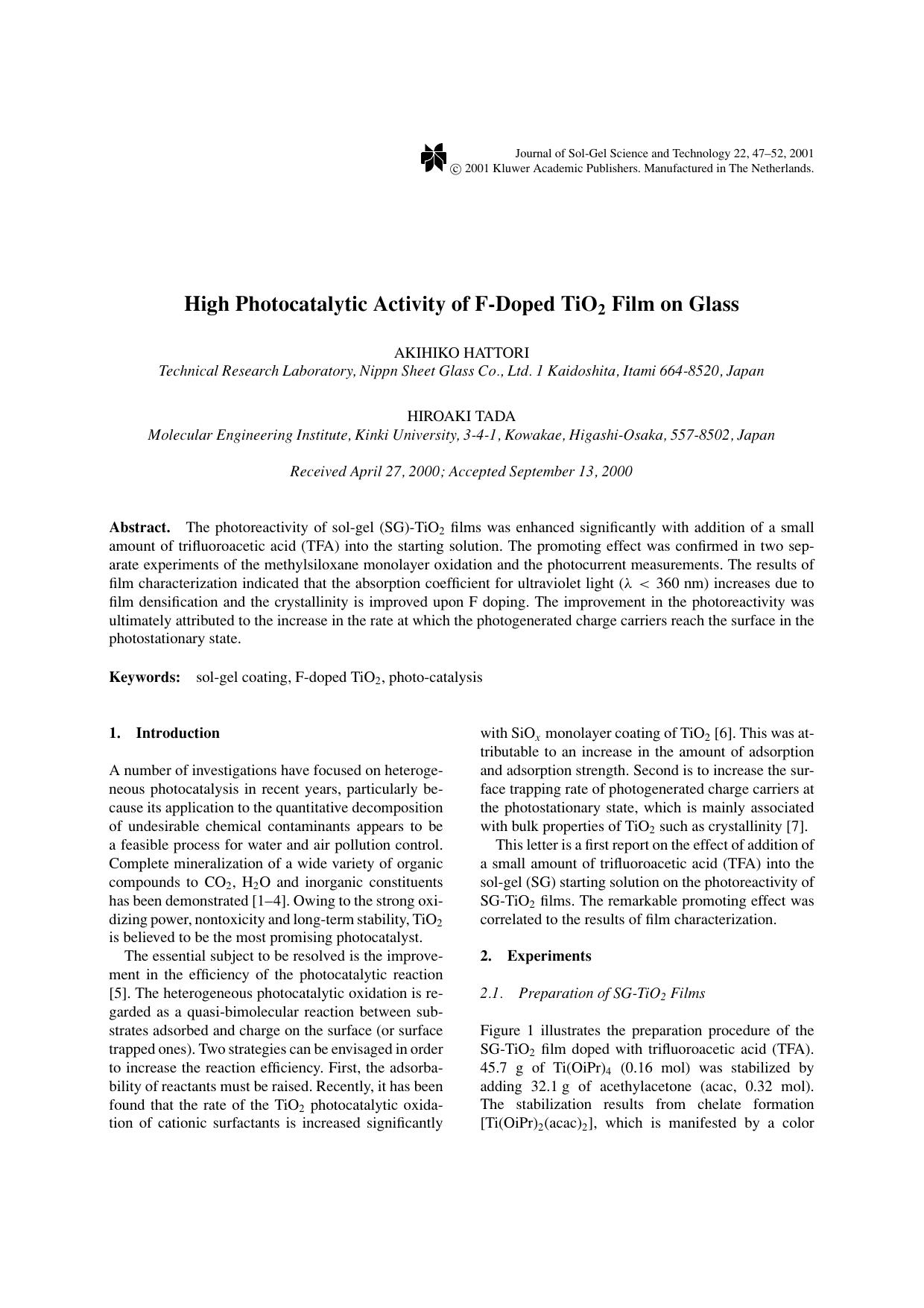 High Photocatalytic Activity of F-Doped TiO2 Film on Glass by Unknown