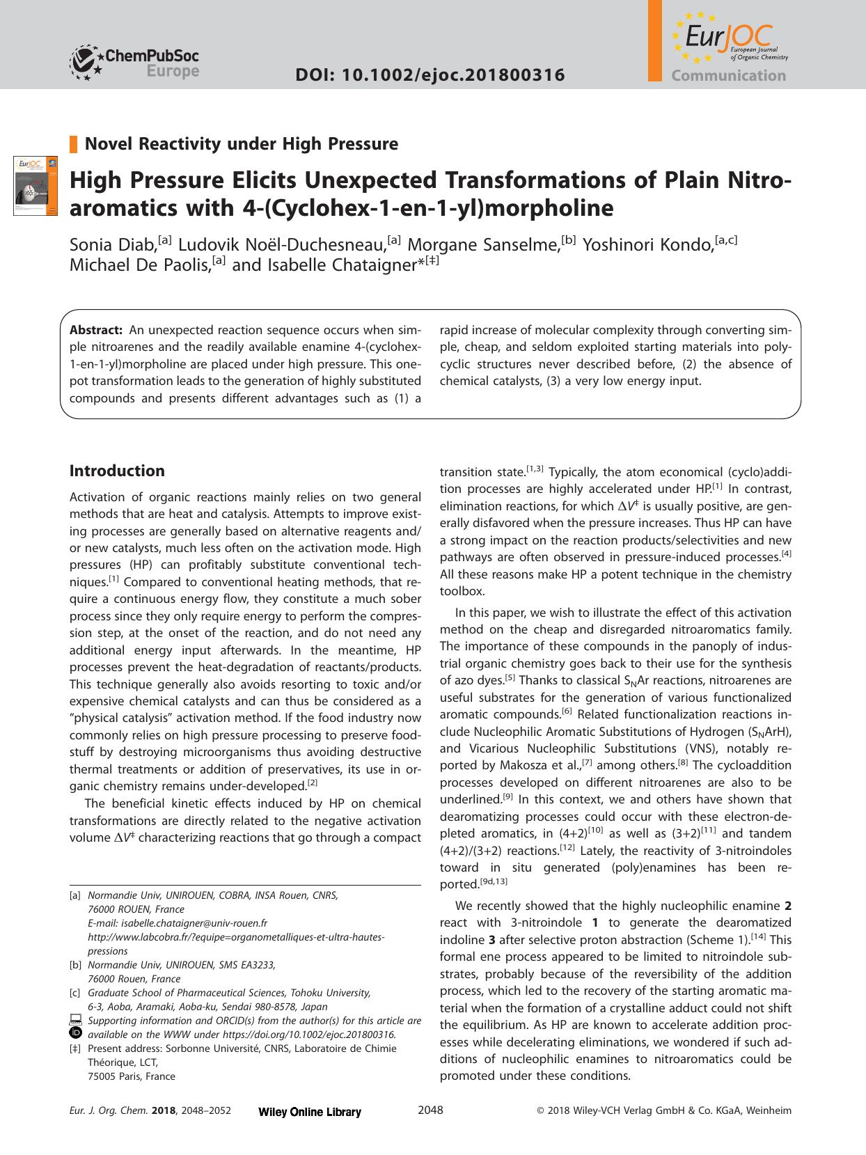 High Pressure Elicits Unexpected Transformations of Plain Nitroaromatics with 4‐(Cyclohex‐1‐en‐1‐yl)morpholine by Unknown