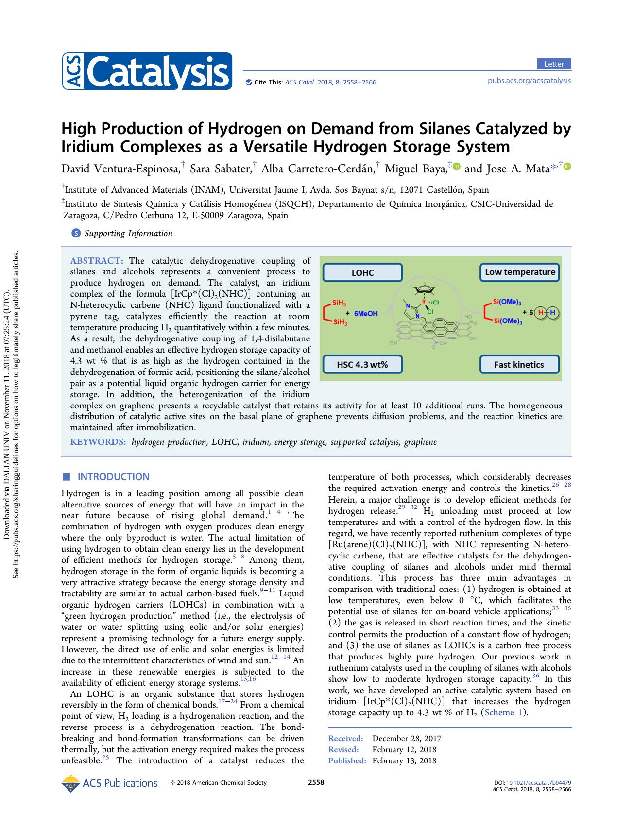 High Production of Hydrogen on Demand from Silanes Catalyzed by Iridium Complexes as a Versatile Hydrogen Storage System by David Ventura-Espinosa Sara Sabater Alba Carretero-Cerdán Miguel Baya & Jose A. Mata