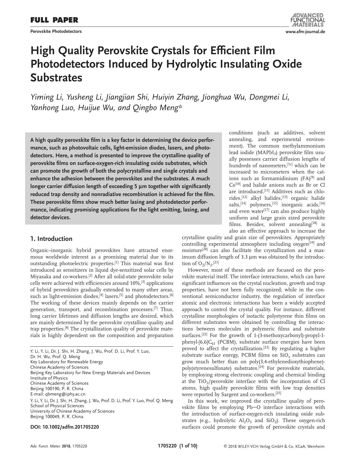 High Quality Perovskite Crystals for Efficient Film Photodetectors Induced by Hydrolytic Insulating Oxide Substrates by Unknown