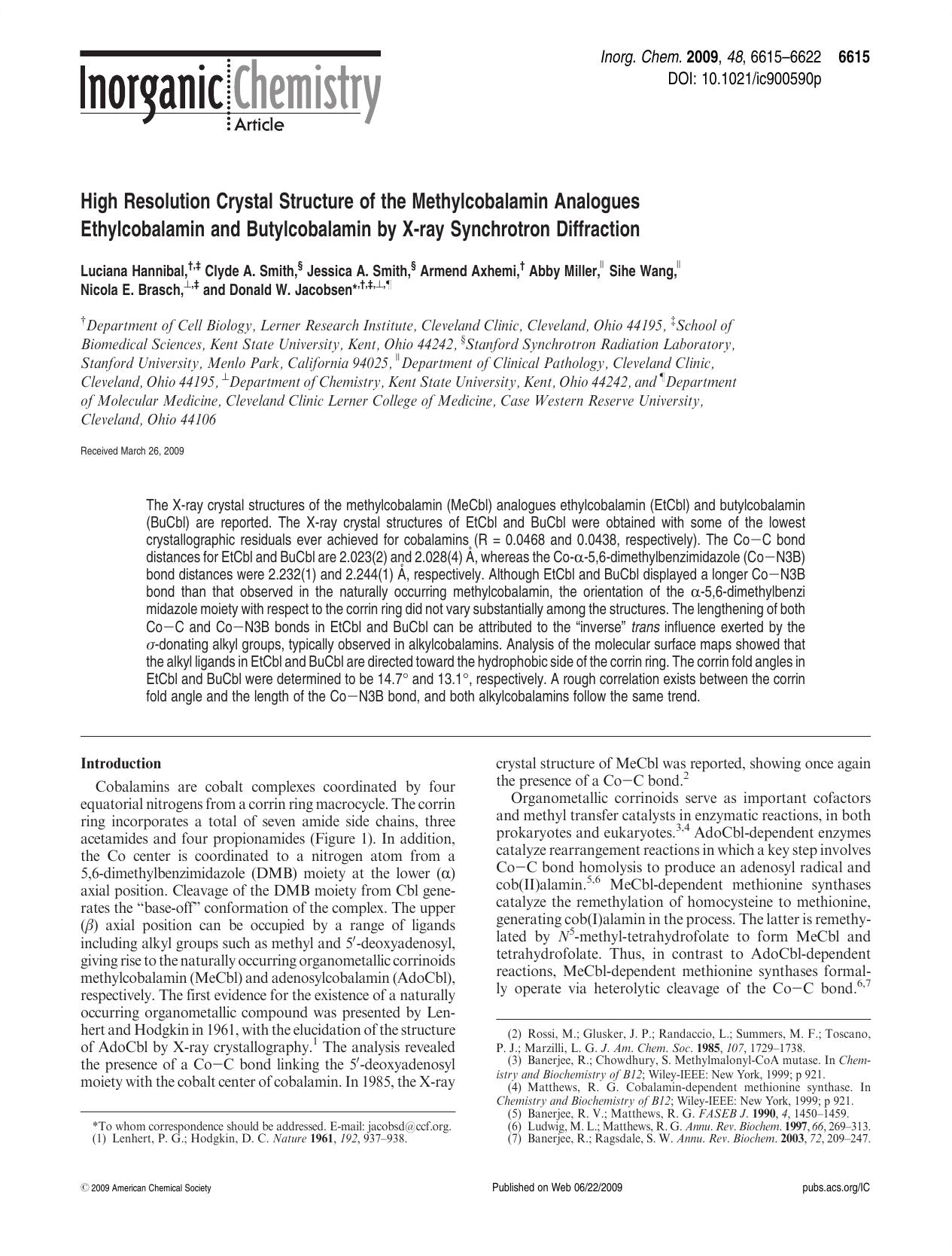 High Resolution Crystal Structure of the Methylcobalamin Analogues Ethylcobalamin and Butylcobalamin by X-ray Synchrotron Diffraction by unknow