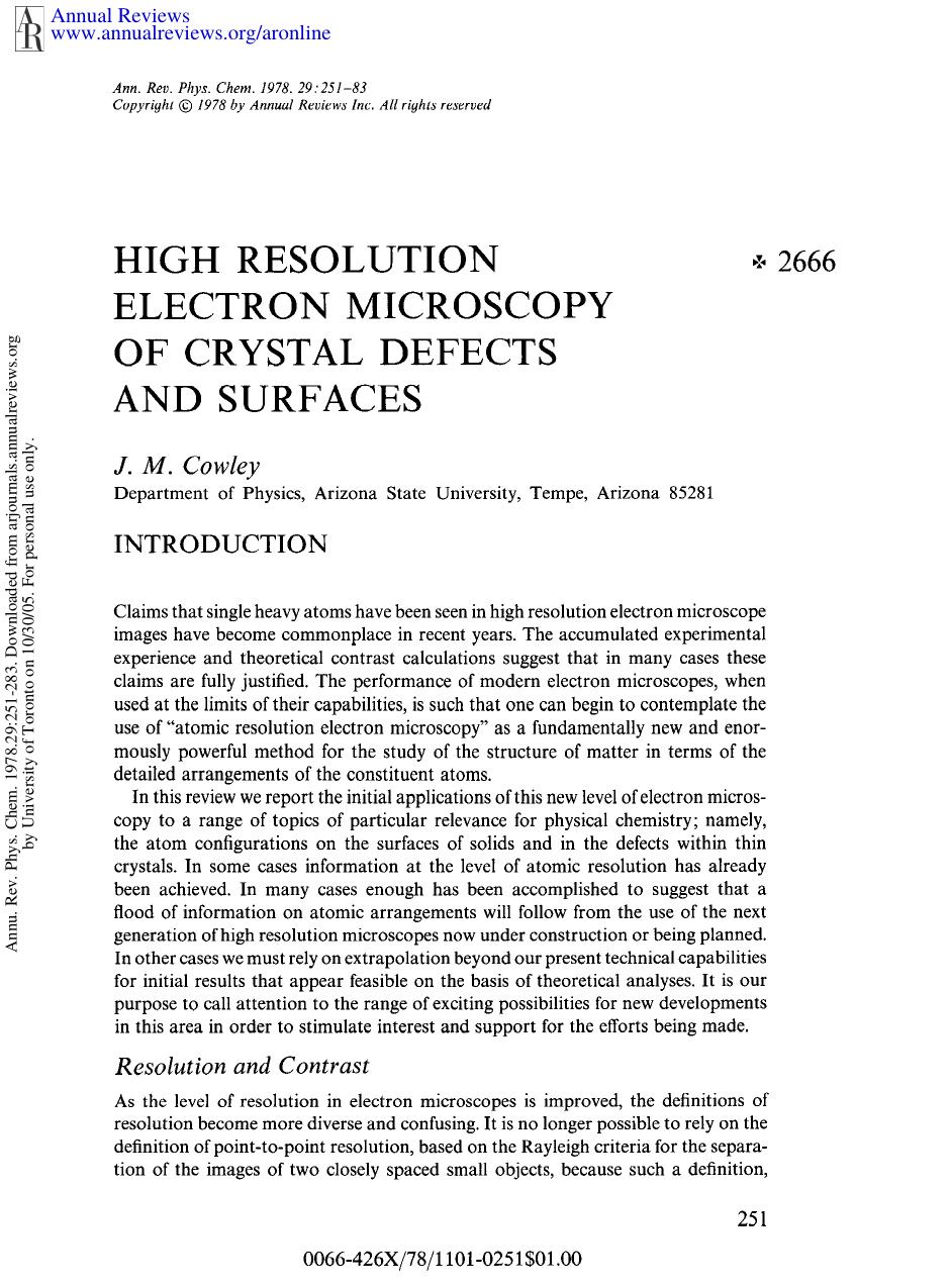 High Resolution Electron Microscopy of Crystal Defects and Surfaces by J M Cowley