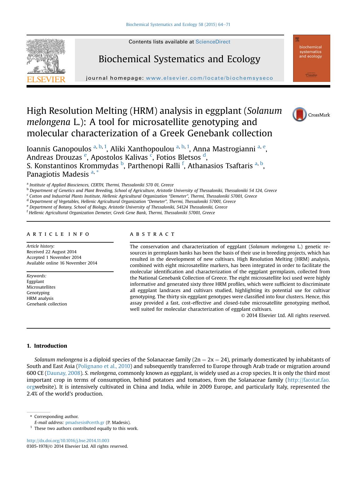High Resolution Melting (HRM) analysis in eggplant (Solanum melongena L.): A tool for microsatellite genotyping and molecular characterization of a Greek Genebank collection by unknow