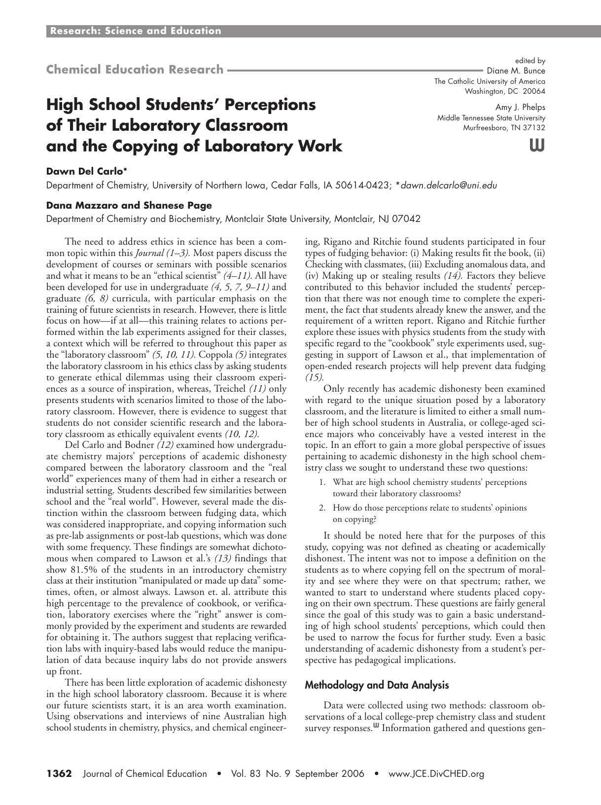 High School Students' Perceptions of Their Laboratory Classroom and the Copying of Laboratory Work by Dawn Del Carlo Dana Mazzaro & Shanese Page