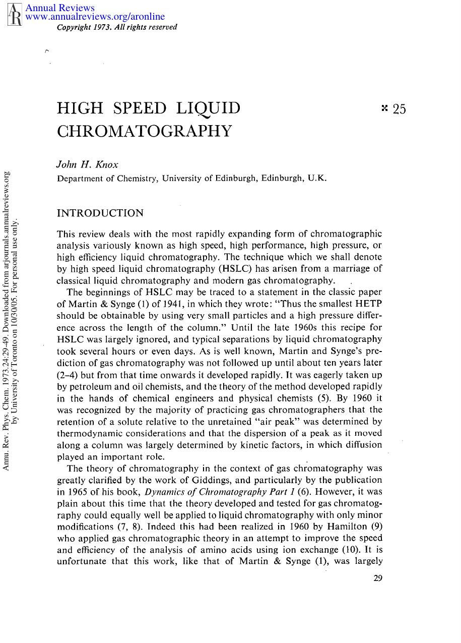 High Speed Liquid Chromatography by J H Knox