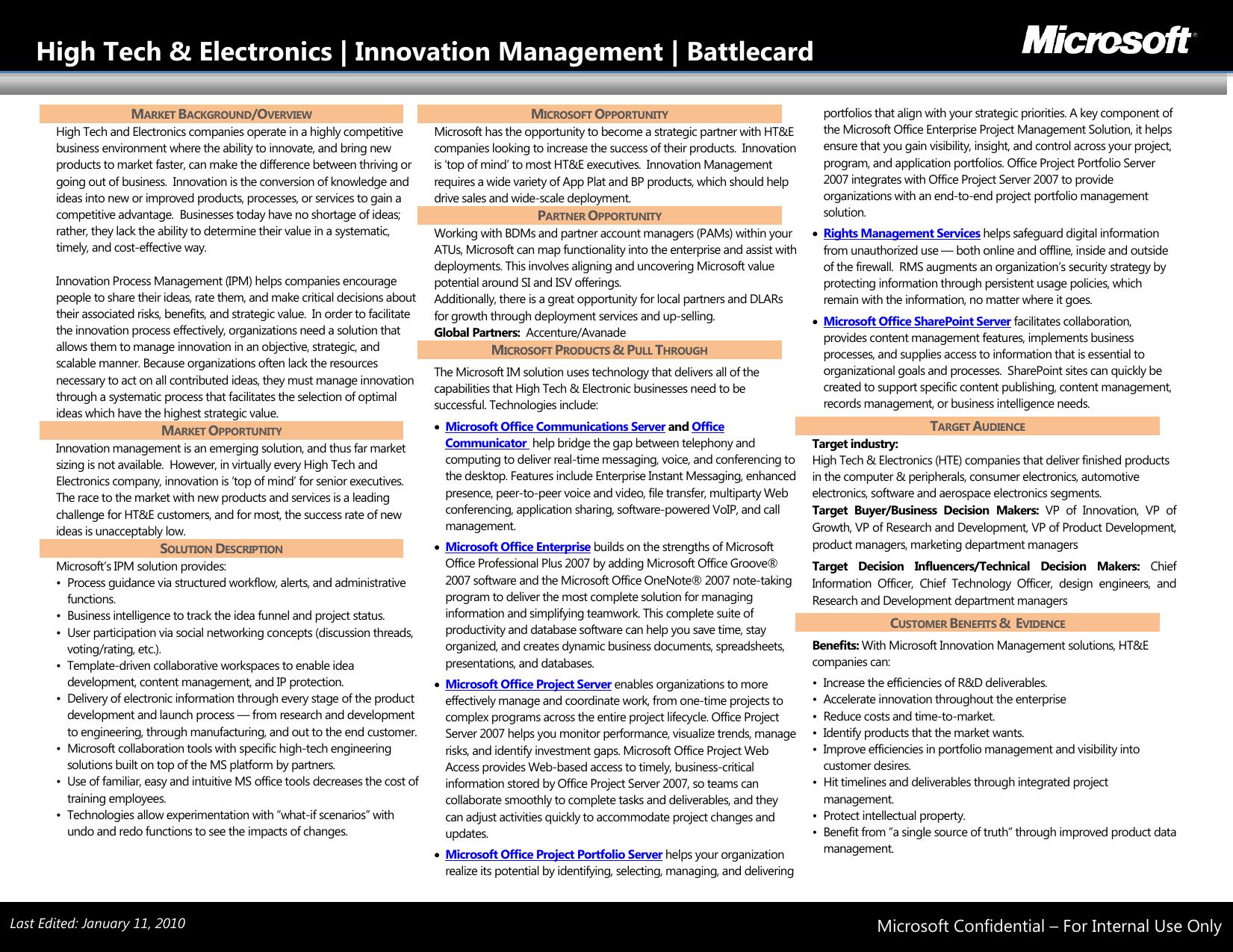 High Tech Electronics Battlecard-Innovation Management FY10 Final by colinmit