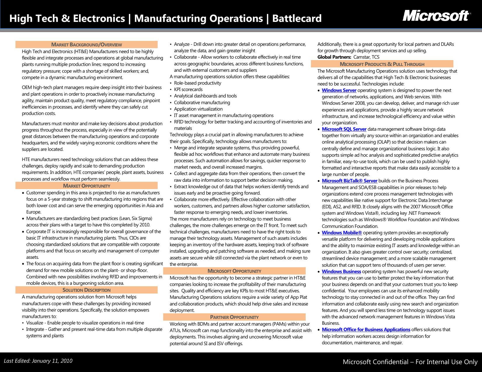 High Tech Electronics Battlecard-Manufacturing Operations FY10 Final by colinmit