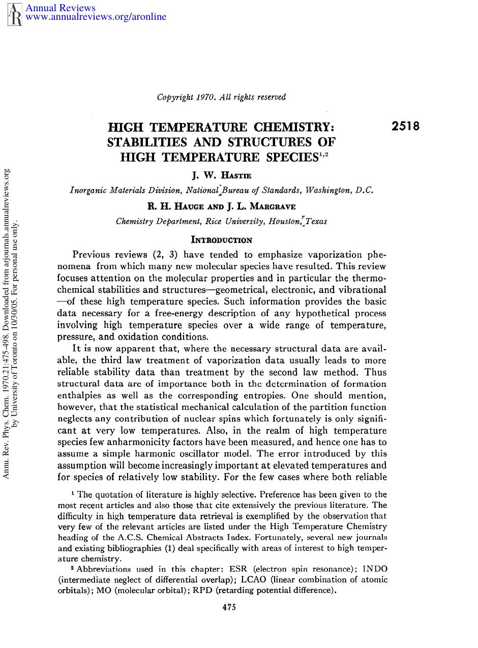 High Temperature Chemistry: Stabilities and Structures of High Temperature Species by J W Hastie R H Hauge & J L Margrave