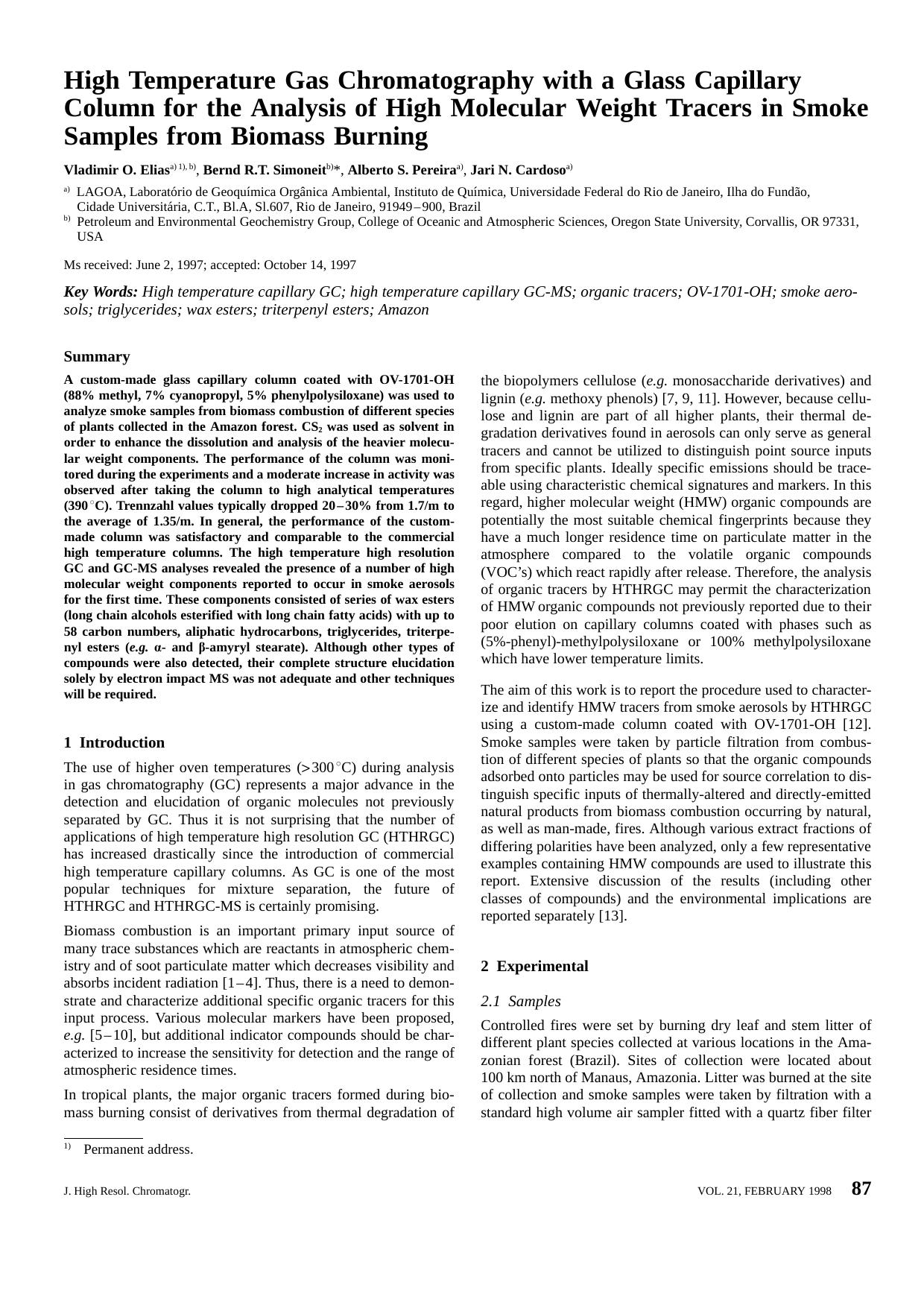 High Temperature Gas Chromatography with a Glass Capillary Column for the Analysis of High Molecular Weight Tracers in Smoke Samples from Biomass Burning by Unknown