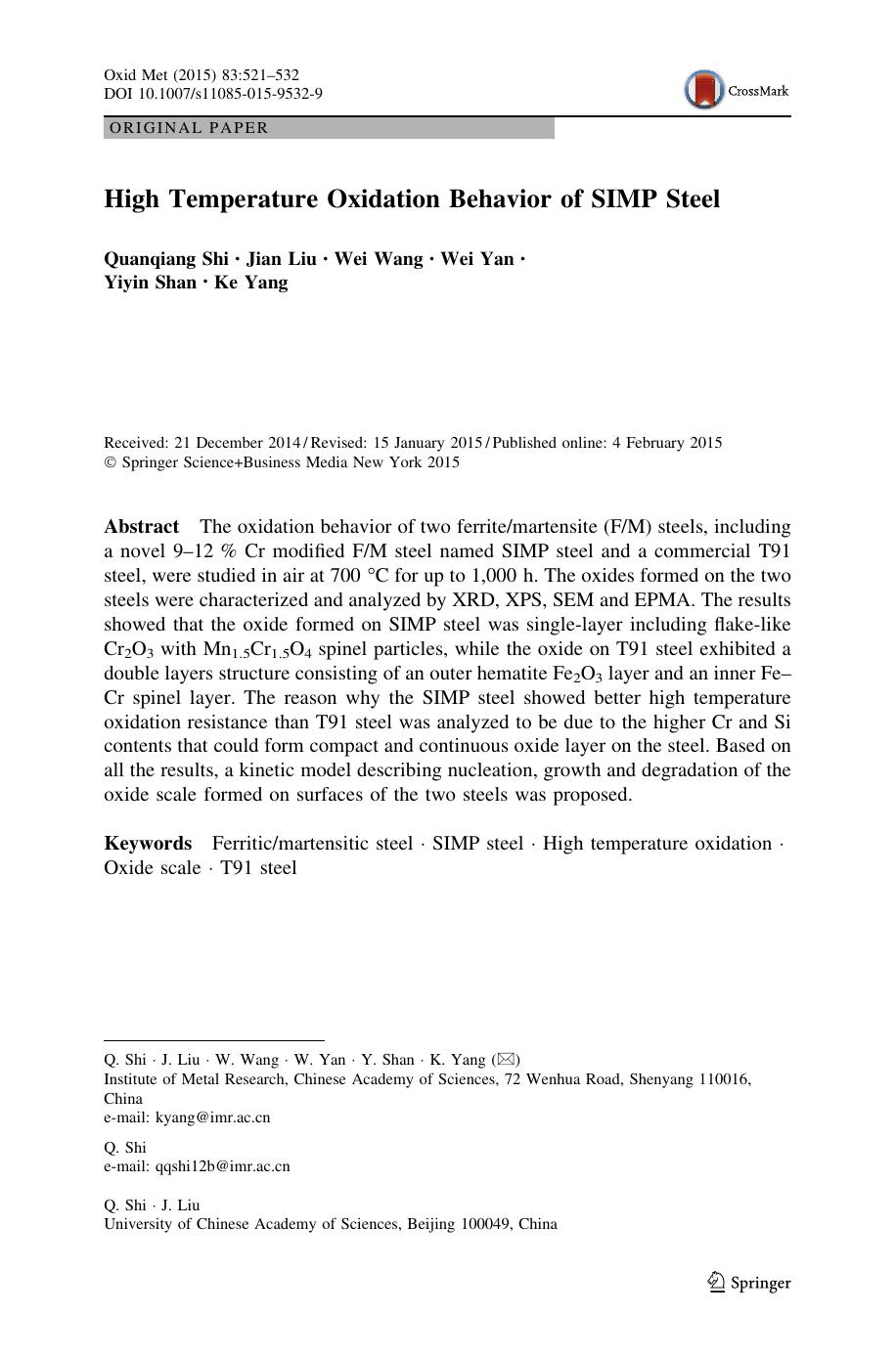 High Temperature Oxidation Behavior of SIMP Steel by Quanqiang Shi & Jian Liu & Wei Wang & Wei Yan & Yiyin Shan & Ke Yang