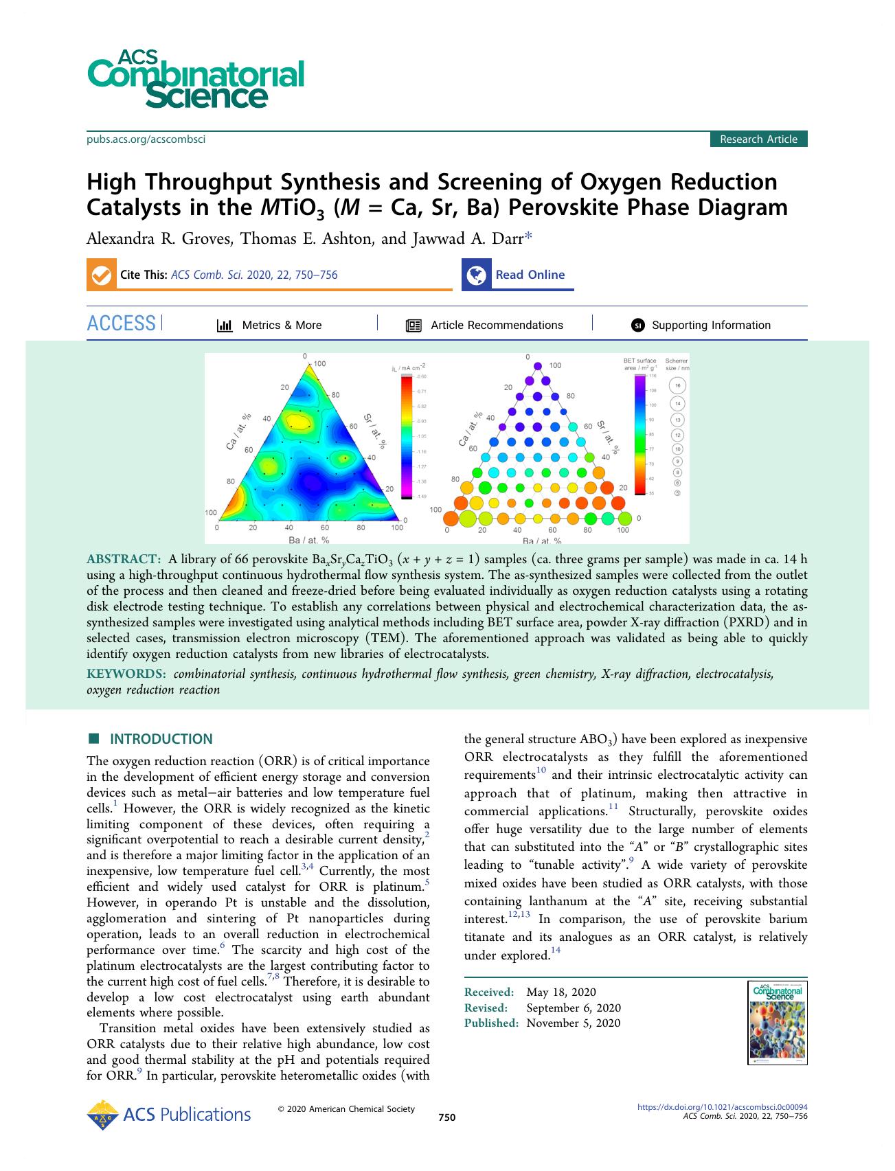 High Throughput Synthesis and Screening of Oxygen Reduction Catalysts in the MTiO3 (M = Ca, Sr, Ba) Perovskite Phase Diagram by Alexandra R. Groves Thomas E. Ashton and Jawwad A. Darr