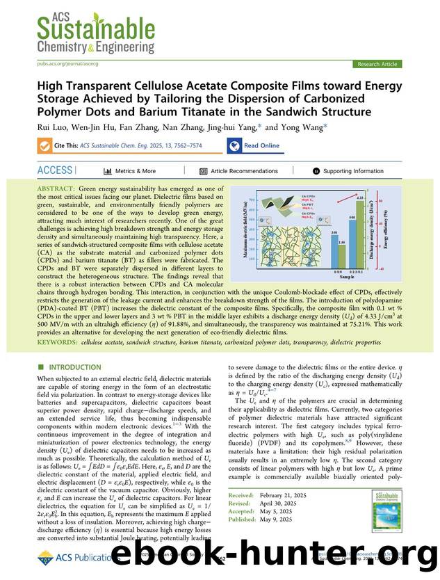 High Transparent Cellulose Acetate Composite Films toward Energy Storage Achieved by Tailoring the Dispersion of Carbonized Polymer Dots and Barium Titanate in the Sandwich Structure by Rui Luo Wen-Jin Hu Fan Zhang Nan Zhang Jing-hui Yang and Yong Wang