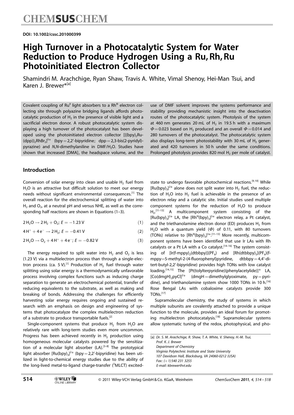 High Turnover in a Photocatalytic System for Water Reduction to Produce Hydrogen Using a Ru,Rh,Ru Photoinitiated Electron Collector by Unknown
