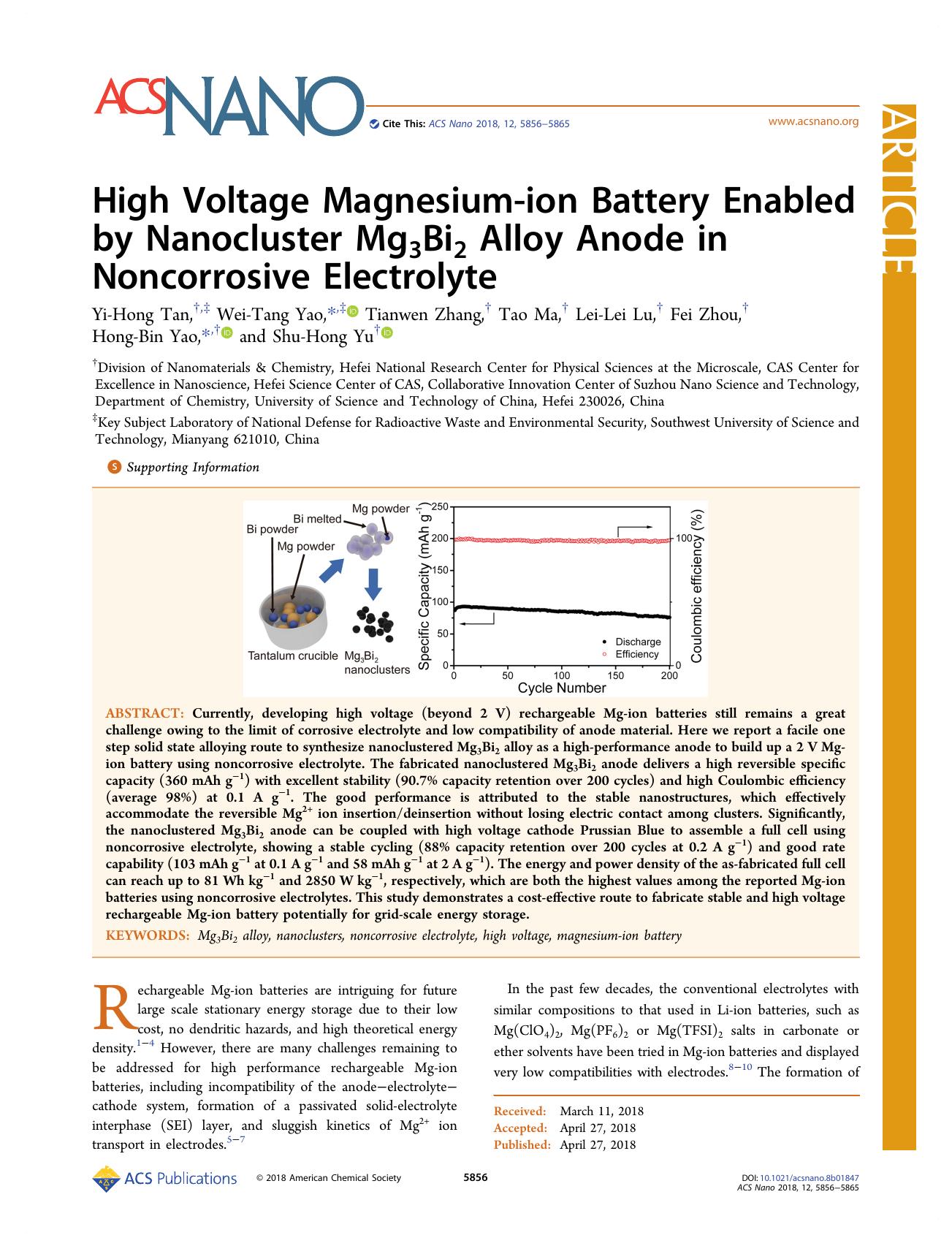 High Voltage Magnesium-ion Battery Enabled by Nanocluster Mg3Bi2 Alloy Anode in Noncorrosive Electrolyte by unknow