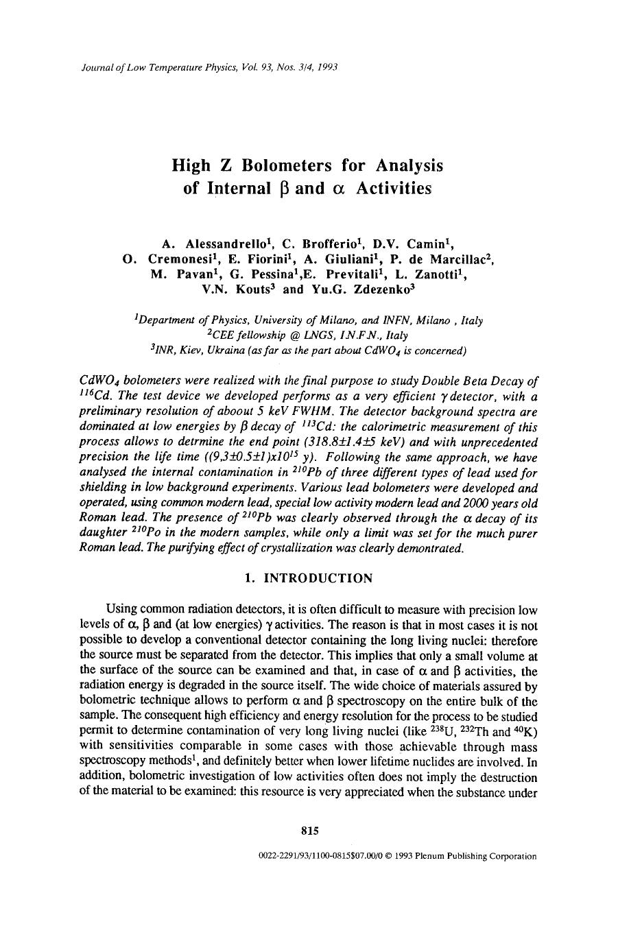High Z bolometers for analysis of internal β and α activities by Unknown