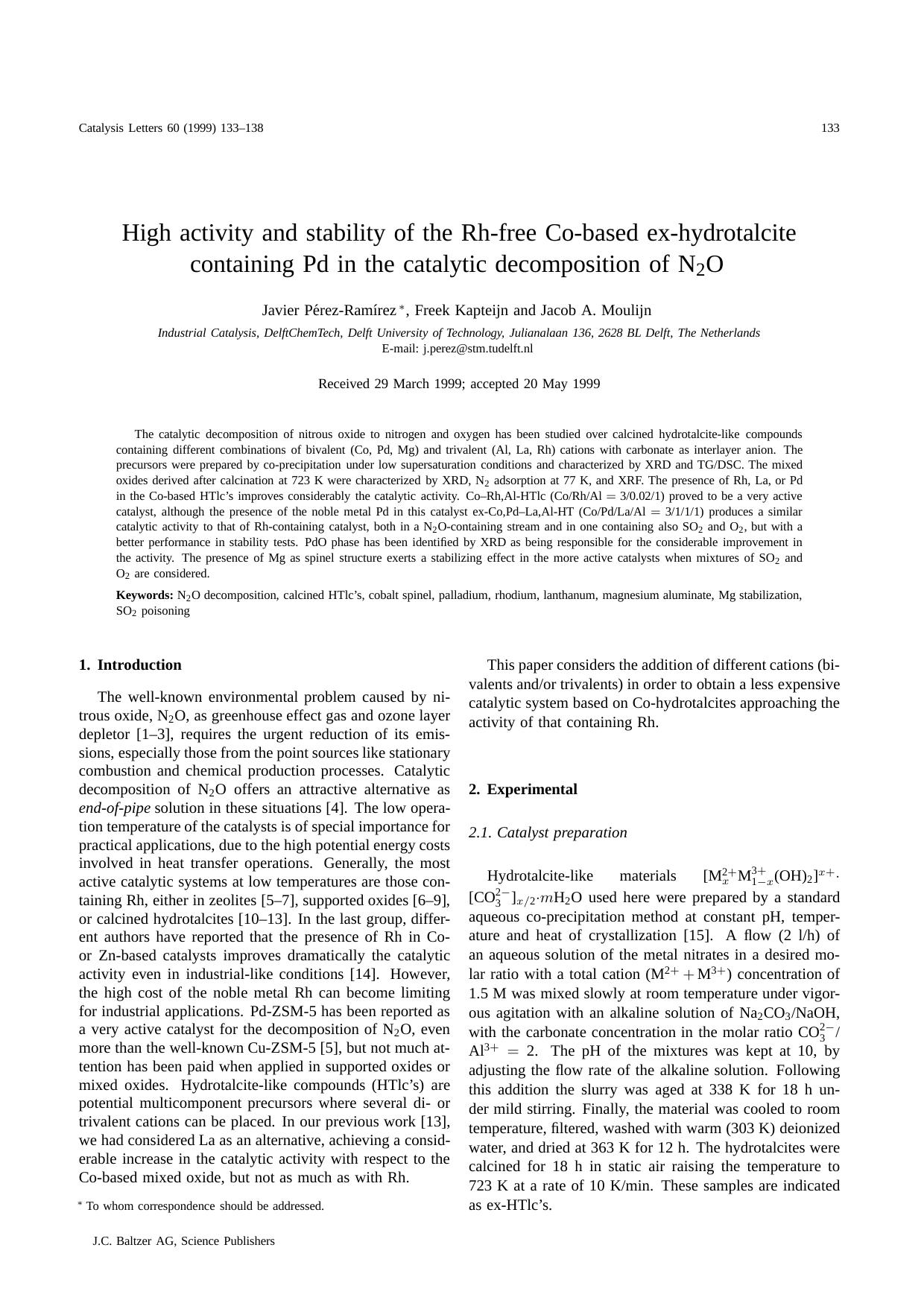 High activity and stability of the Rh‐free Co‐based ex‐hydrotalcite containing Pd in the catalytic decomposition of N<Subscript>2<Subscript>O by Unknown