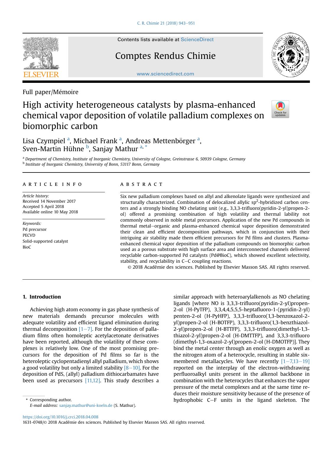 High activity heterogeneous catalysts by plasma-enhanced chemical vapor deposition of volatile palladium complexes on biomorphic carbon by Lisa Czympiel & Michael Frank & Andreas Mettenbörger & Sven-Martin Hühne & Sanjay Mathur