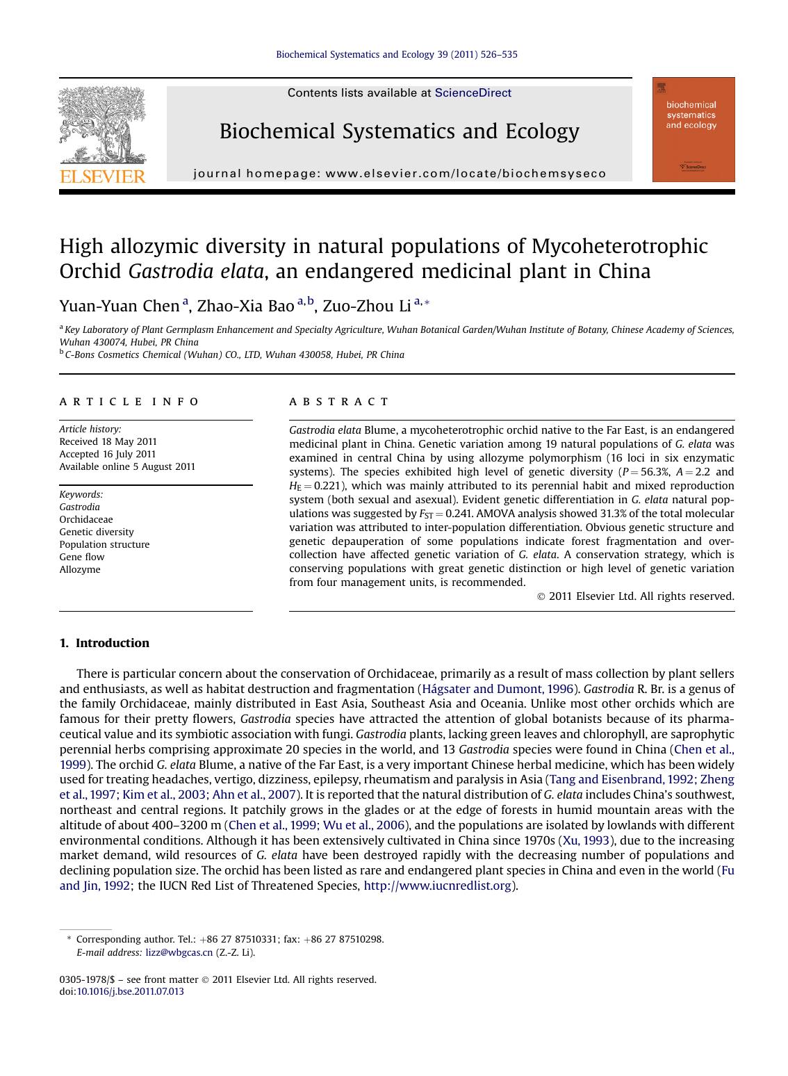High allozymic diversity in natural populations of Mycoheterotrophic Orchid Gastrodia elata, an endangered medicinal plant in China by Yuan-Yuan Chen & Zhao-Xia Bao & Zuo-Zhou Li