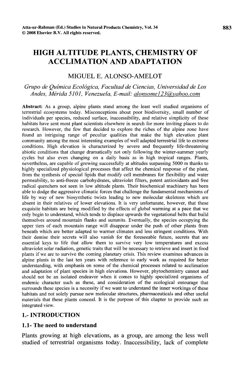 High altitude plants, chemistry of acclimation and adaptation by Miguel E. Alonso-Amelot