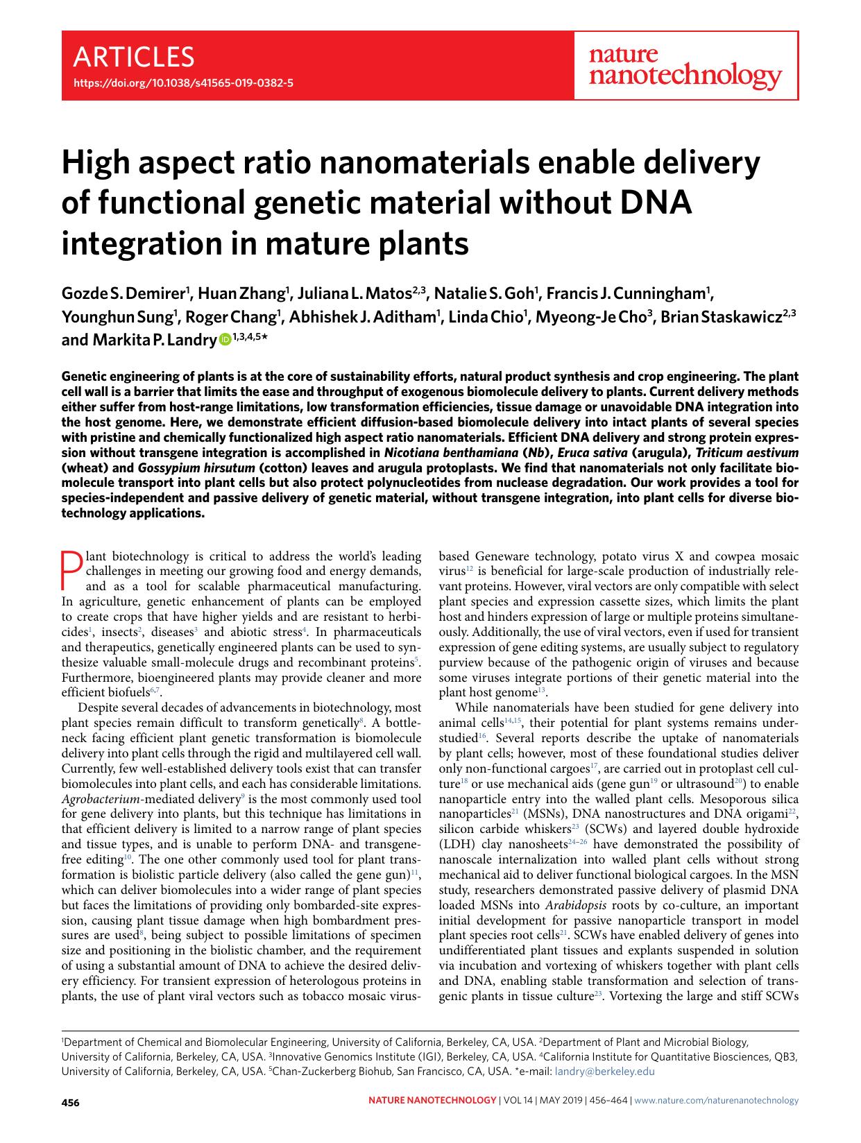 High aspect ratio nanomaterials enable delivery of functional genetic material without DNA integration in mature plants by unknow