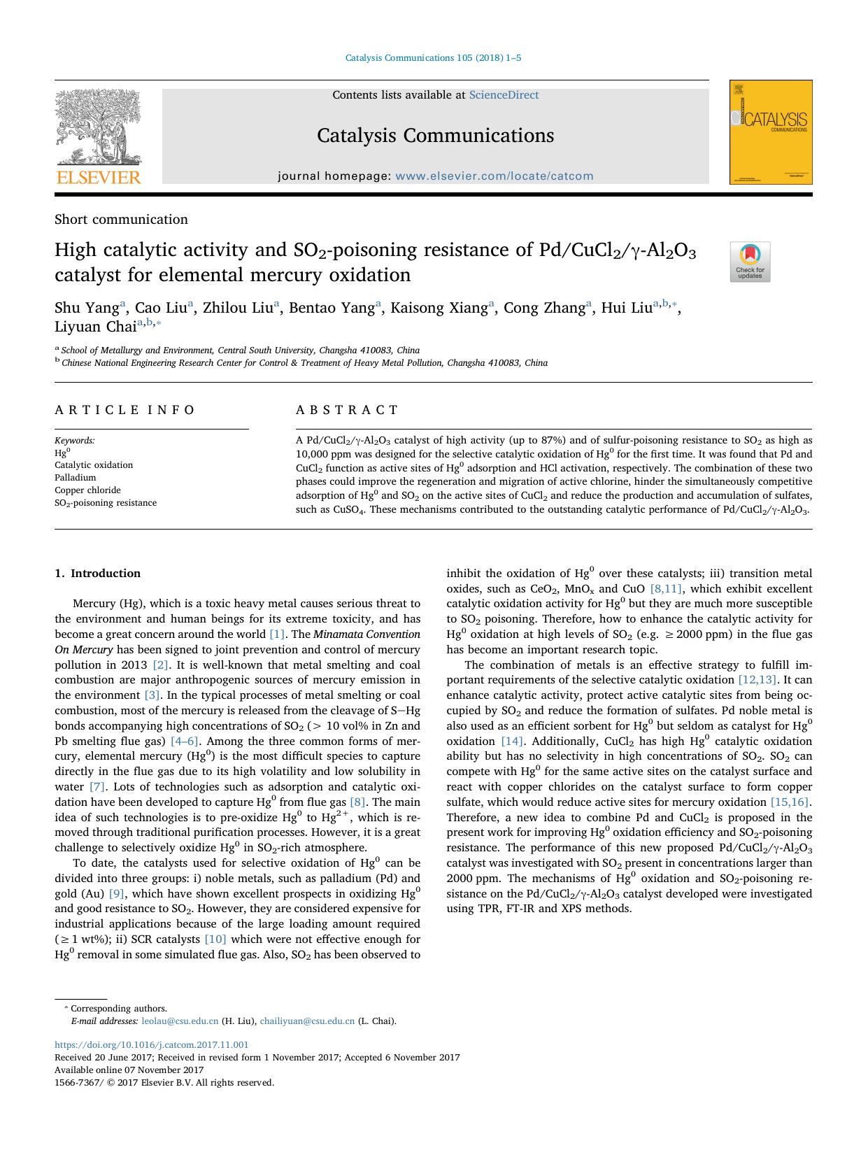 High catalytic activity and SO2-poisoning resistance of PdCuCl2Î³-Al2O3 catalyst for elemental mercury oxidation by Shu Yang & Cao Liu & Zhilou Liu & Bentao Yang & Kaisong Xiang & Cong Zhang & Hui Liu & Liyuan Chai