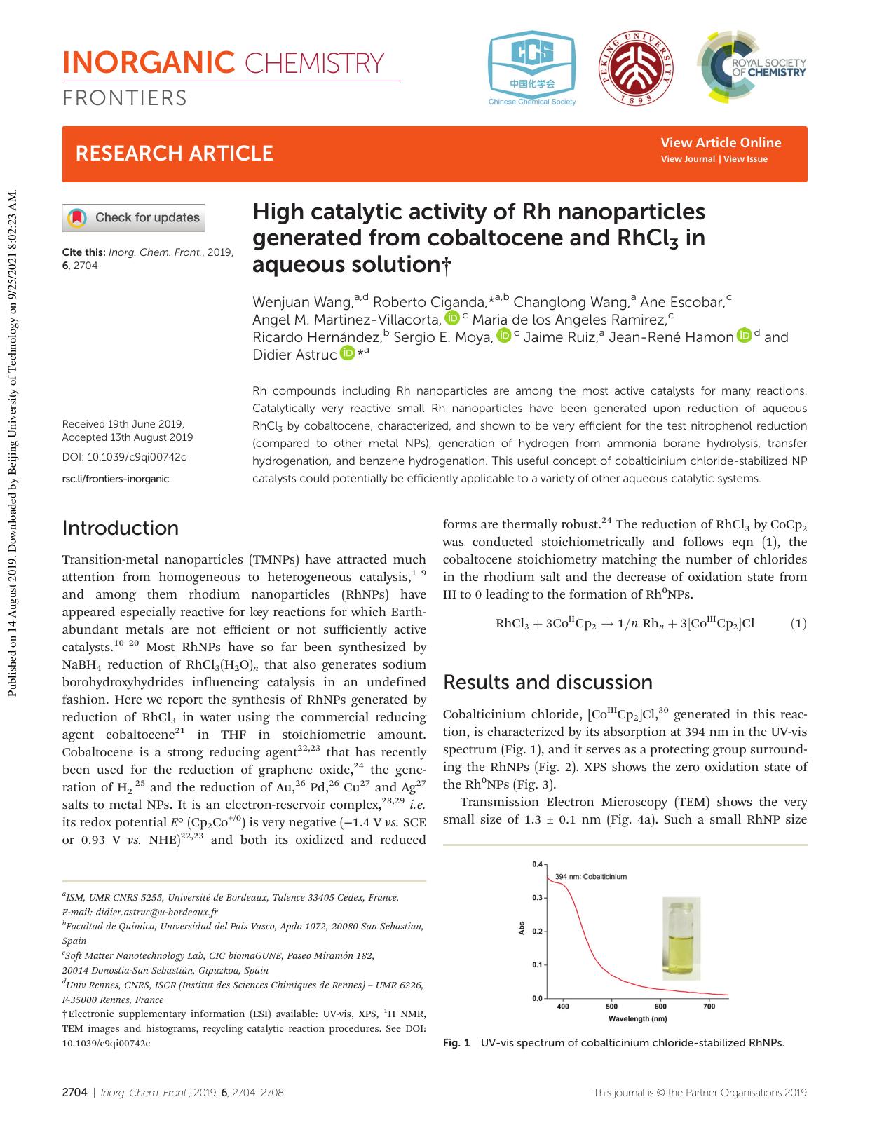 High catalytic activity of Rh nanoparticles generated from cobaltocene and RhCl3 in aqueous solution by unknow