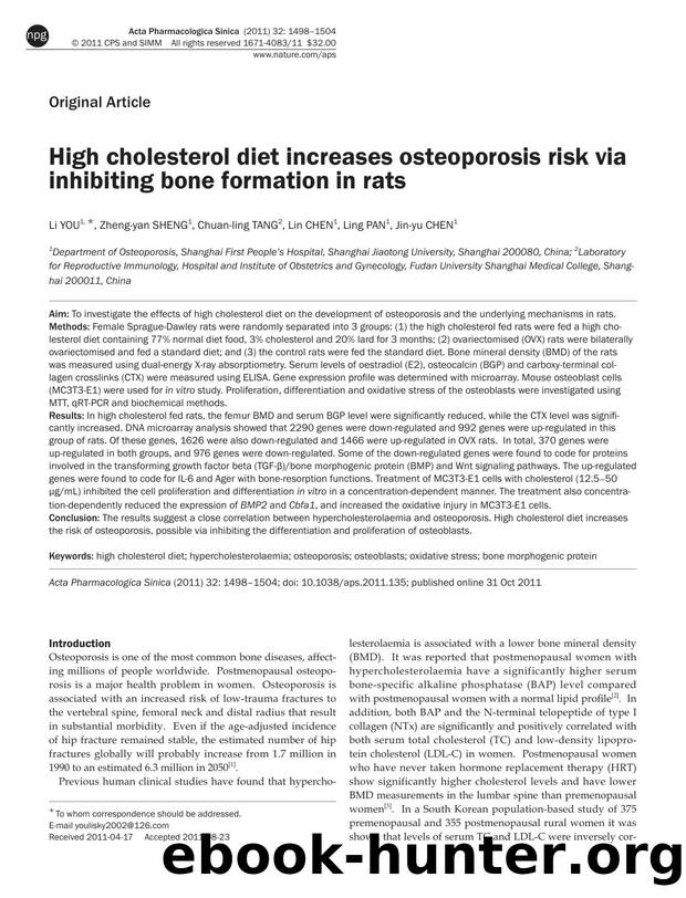 High cholesterol diet increases osteoporosis risk via inhibiting bone formation in rats by Li You & Zheng-yan Sheng & Chuan-ling Tang & Lin Chen & Ling Pan & Jin-yu Chen