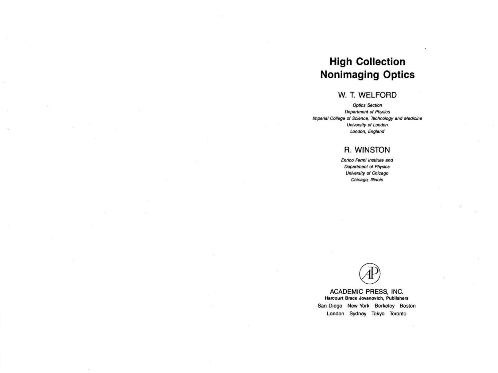 High collection nonimaging optics by Welford W.T. Winston R
