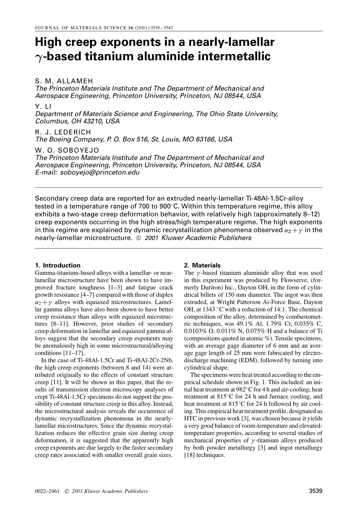High creep exponents in a nearly-lamellar γ-based titanium aluminide intermetallic by Unknown