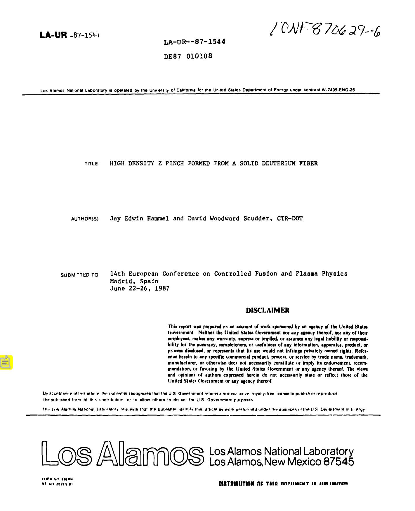High density Z pinch formed from a solid deuterium fiber None by LANL Research Library LWW Project