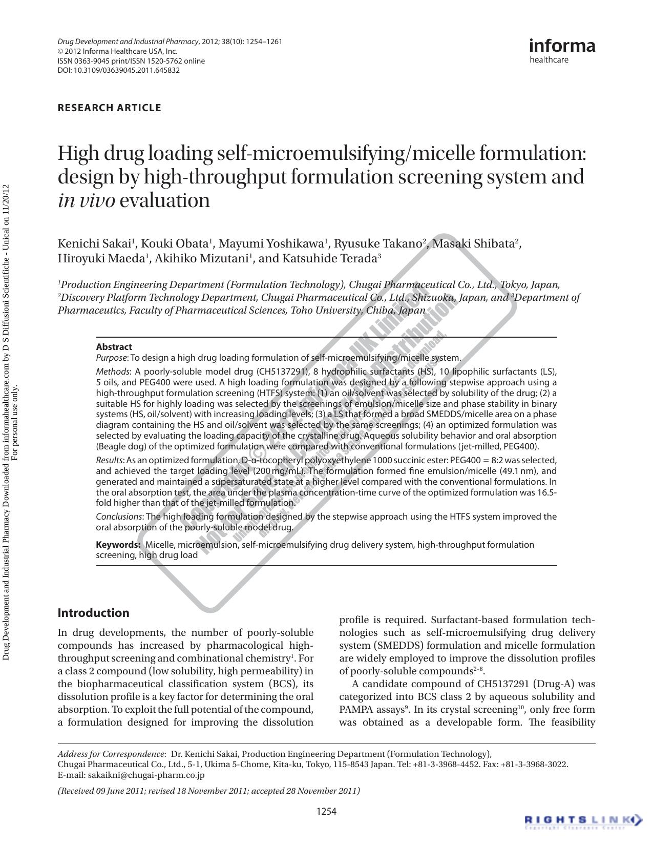 High drug loading self-microemulsifyingmicelle formulation: design by high-throughput formulation screening system and in vivo evaluation by unknow
