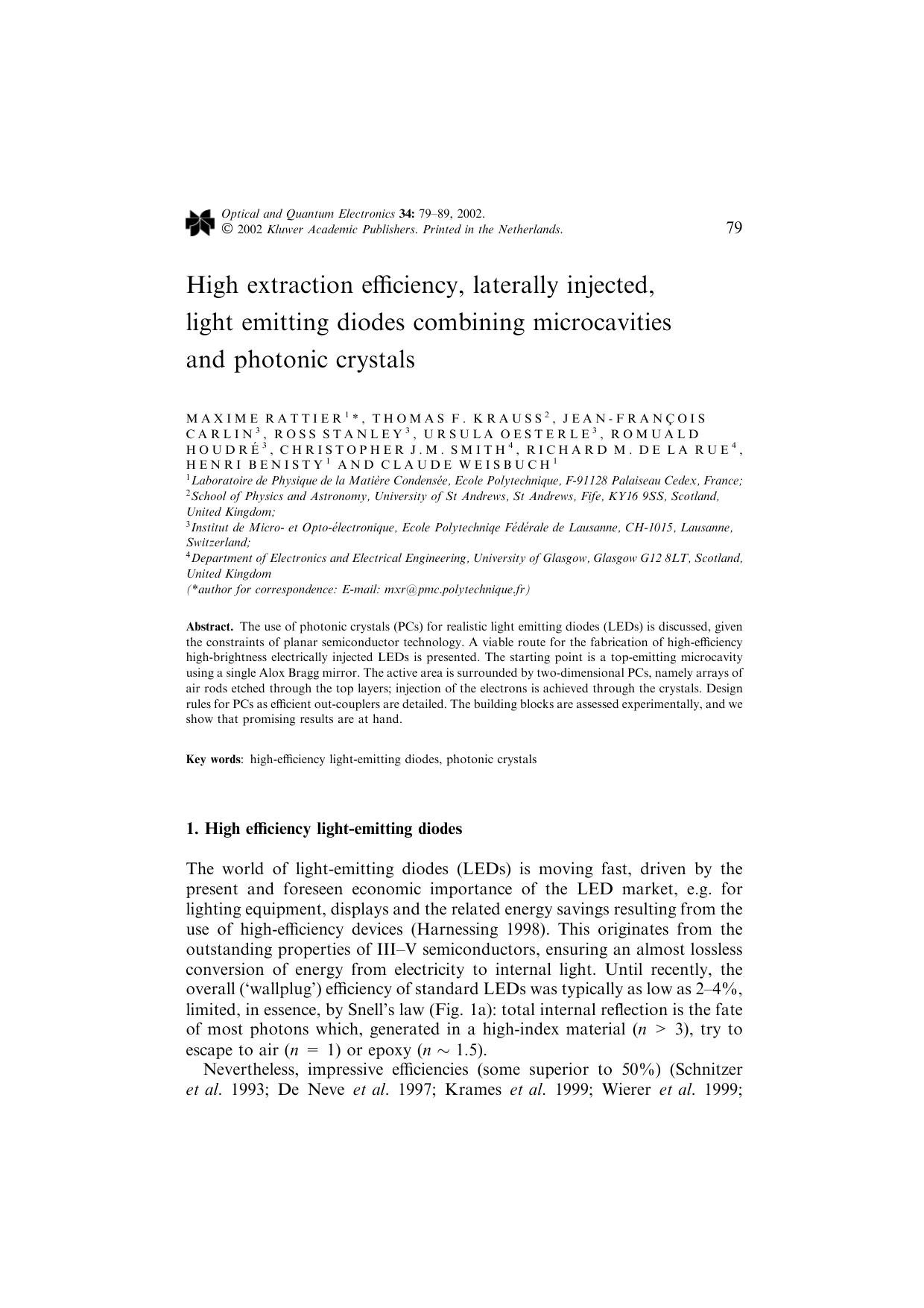High extraction efficiency, laterally injected, light emitting diodes combining microcavities and photonic crystals by Unknown