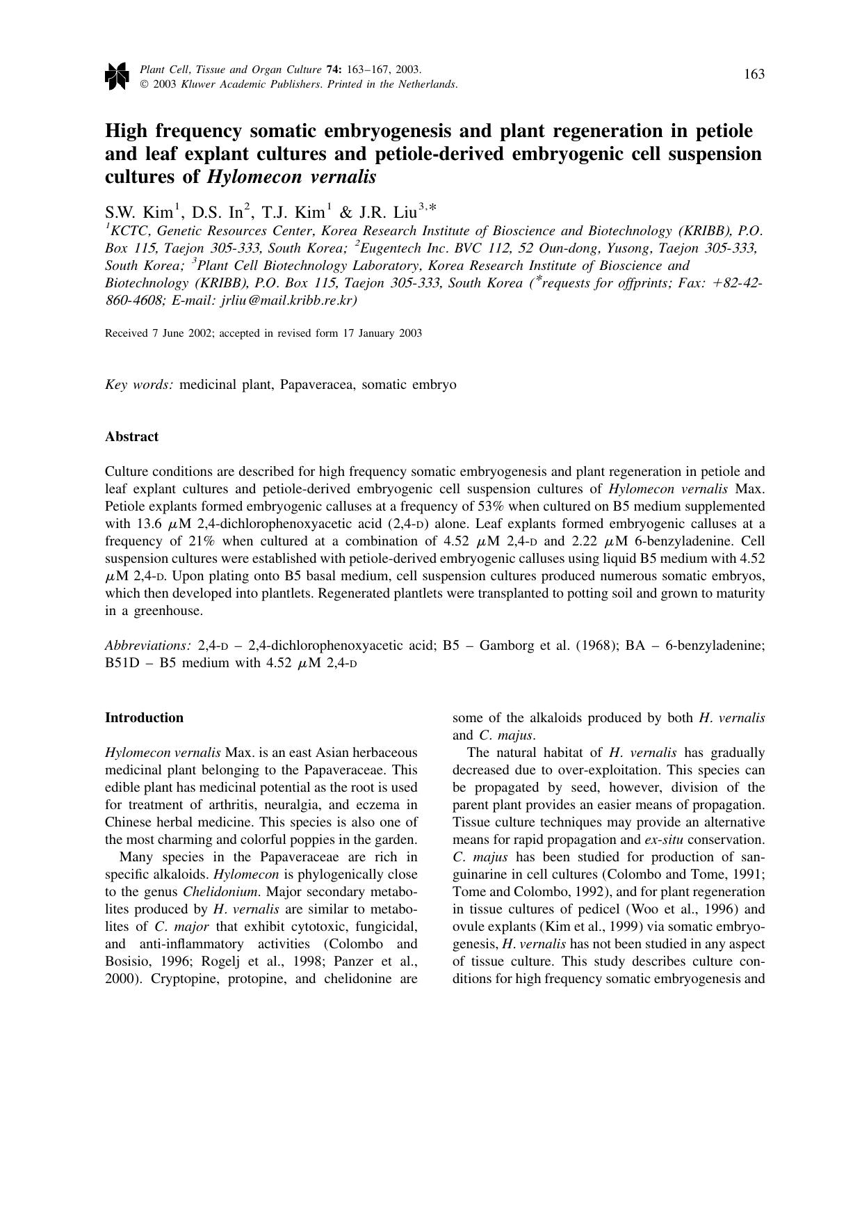High frequency somatic embryogenesis and plant regeneration in petiole and leaf explant cultures and petiole-derived embryogenic cell suspension cultures of <Emphasis Type="Italic" by Unknown