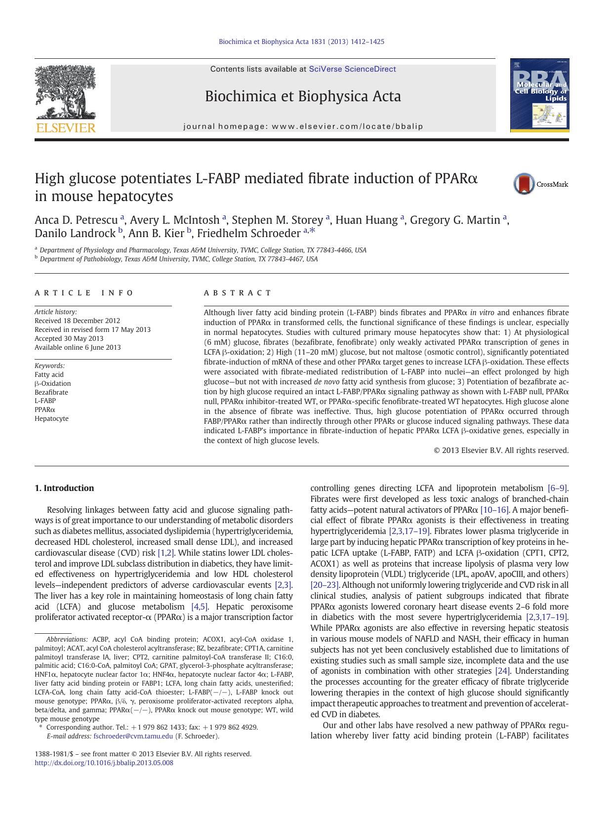 High glucose potentiates L-FABP mediated fibrate induction of PPARa in mouse hepatocytes by unknow