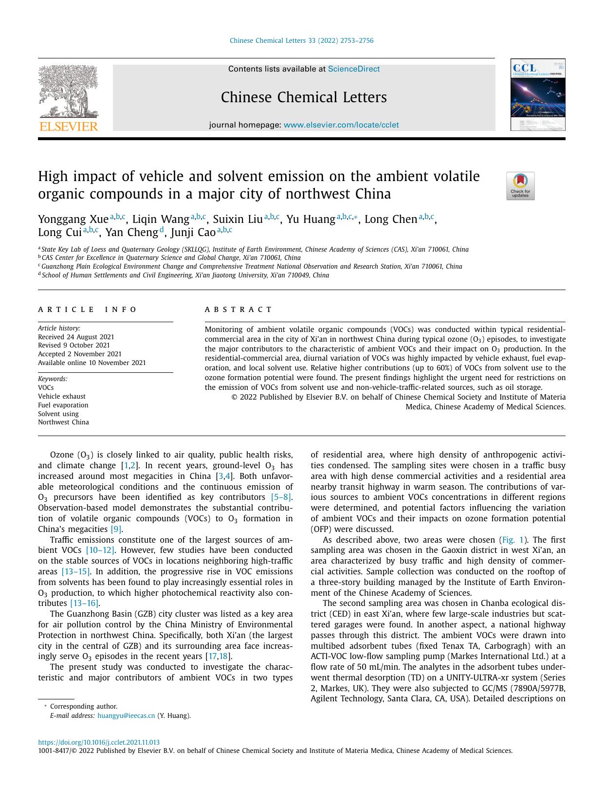 High impact of vehicle and solvent emission on the ambient volatile organic compounds in a major city of northwest China by Yonggang Xue & Liqin Wang & Suixin Liu & Yu Huang & Long Chen & Long Cui & Yan Cheng & Junji Cao