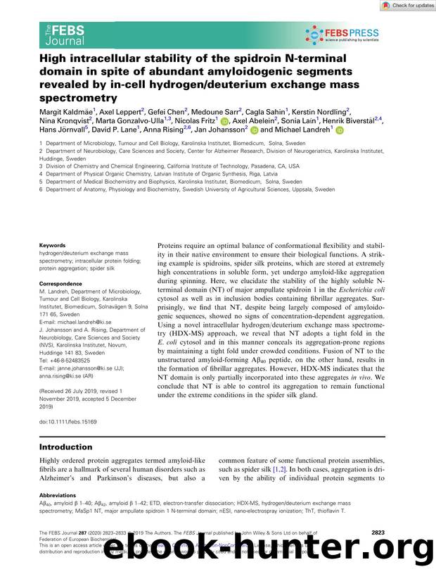 High intracellular stability of the spidroin Nâterminal domain in spite of abundant amyloidogenic segments revealed by inâcell hydrogendeuterium exchange mass spectrometry by Unknown