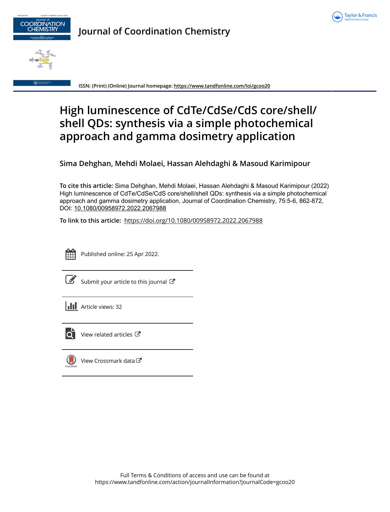 High luminescence of CdTeCdSeCdS coreshellshell QDs: synthesis via a simple photochemical approach and gamma dosimetry application by Dehghan Sima & Molaei Mehdi & Alehdaghi Hassan & Karimipour Masoud