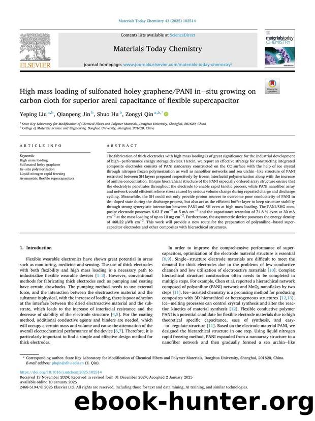 High mass loading of sulfonated holey graphenePANI inâsitu growing on carbon cloth for superior areal capacitance of flexible supercapacitor by Yeping Liu
