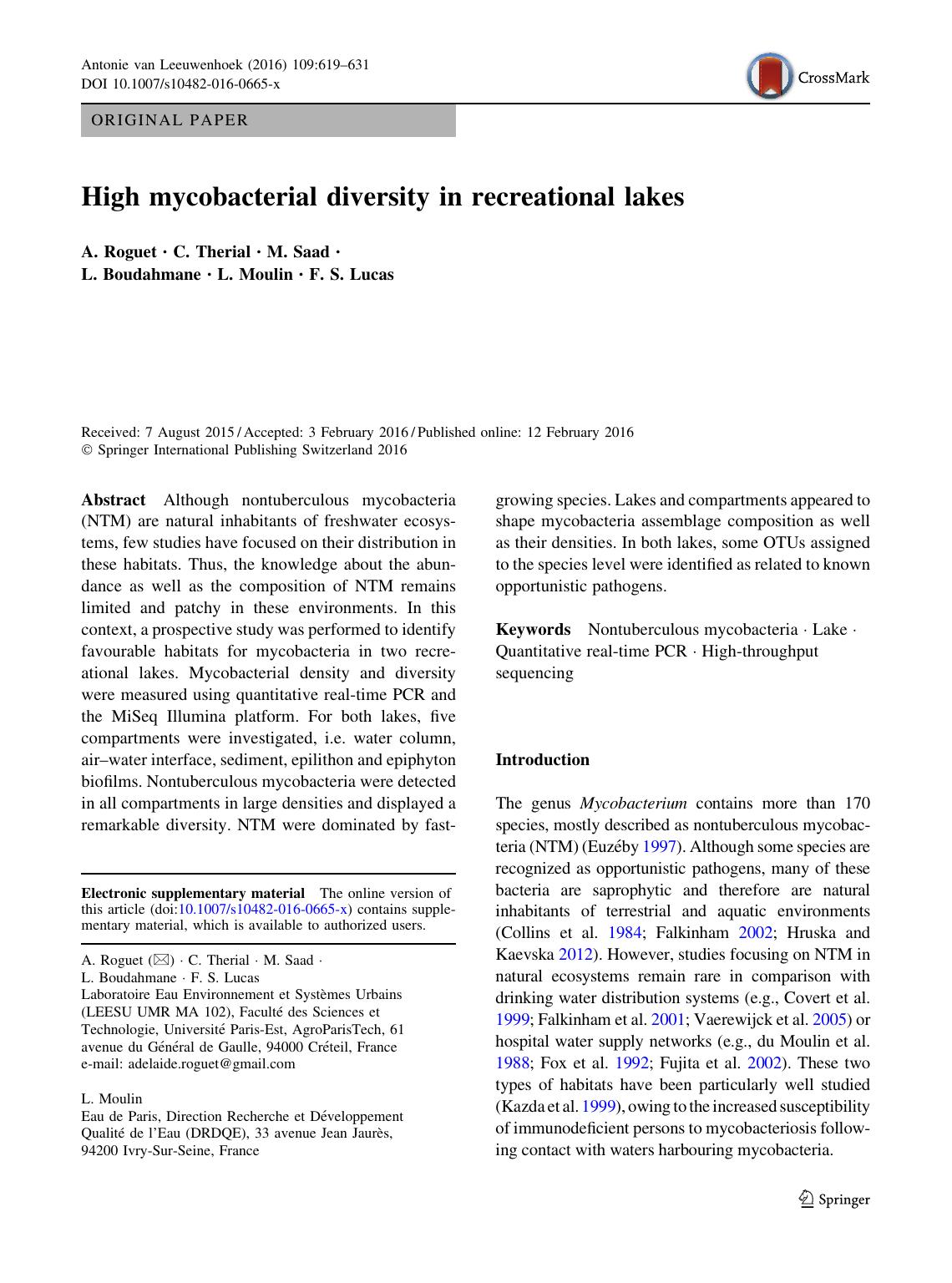 High mycobacterial diversity in recreational lakes by A. Roguet & C. Therial & M. Saad & L. Boudahmane & L. Moulin & F. S. Lucas