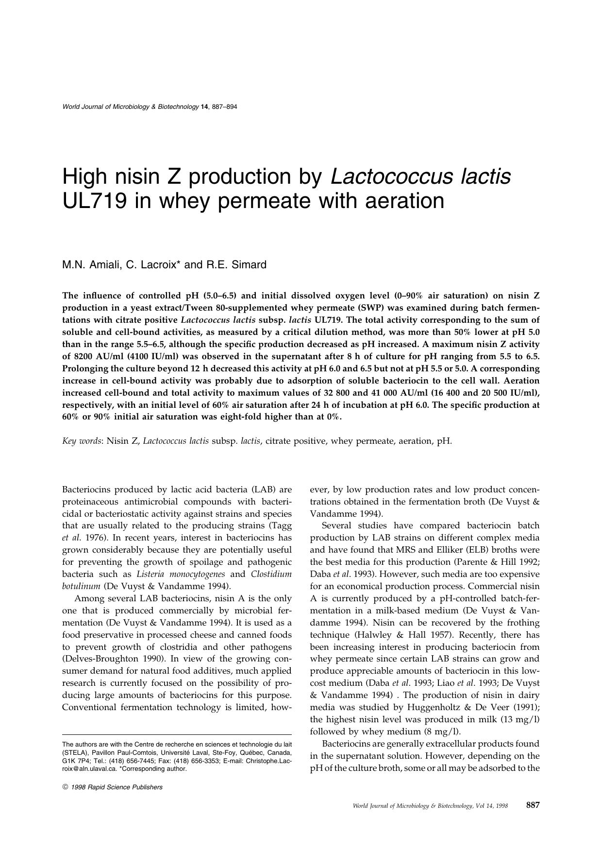 High nisin Z production by Lactococcus lactis UL719 in whey permeate with aeration by Unknown