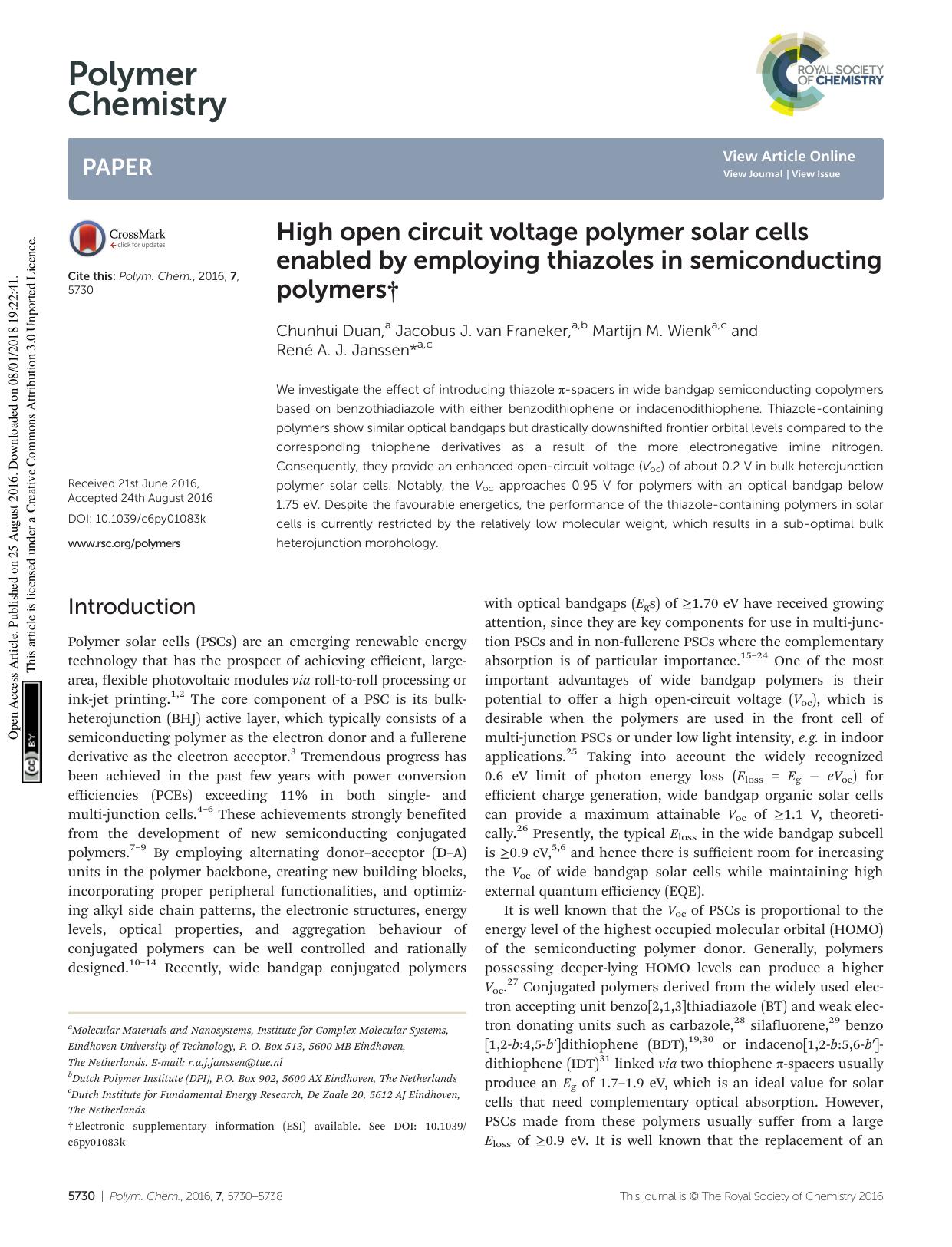 High open circuit voltage polymer solar cells enabled by employing thiazoles in semiconducting polymers by Chunhui Duan Jacobus J. van Franeker Martijn M. Wienk René A. J. Janssen