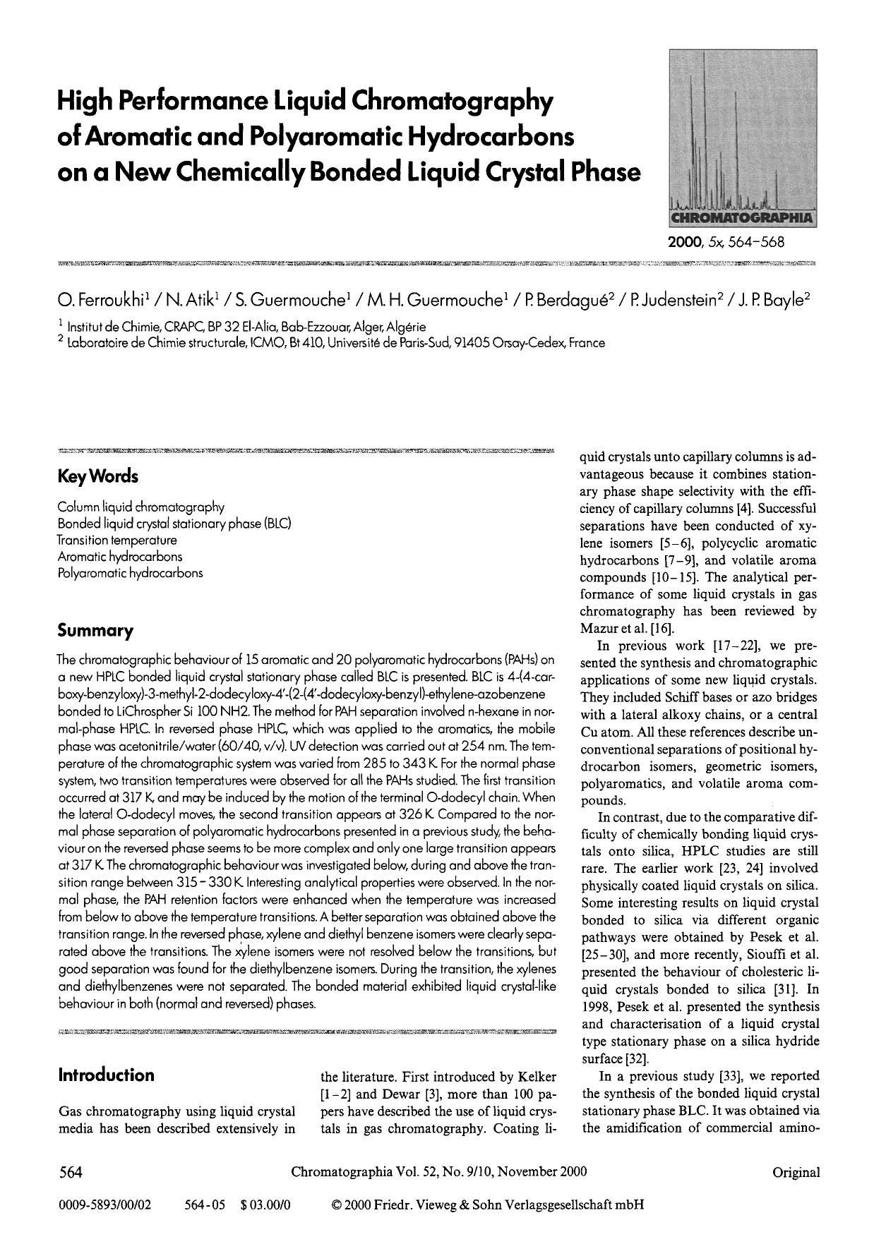 High performance liquid chromatography of aromatic and polyaromatic hydrocarbons on a new chemically bonded liquid crystal phase by Unknown