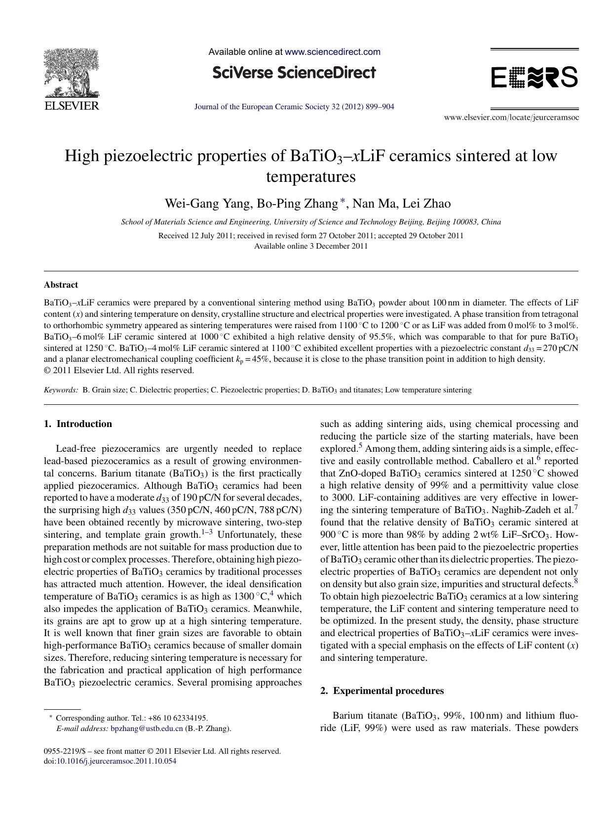 High piezoelectric properties of BaTiO3Ã¢â¬âxLiF ceramics sintered at low temperatures by Wei-Gang Yang