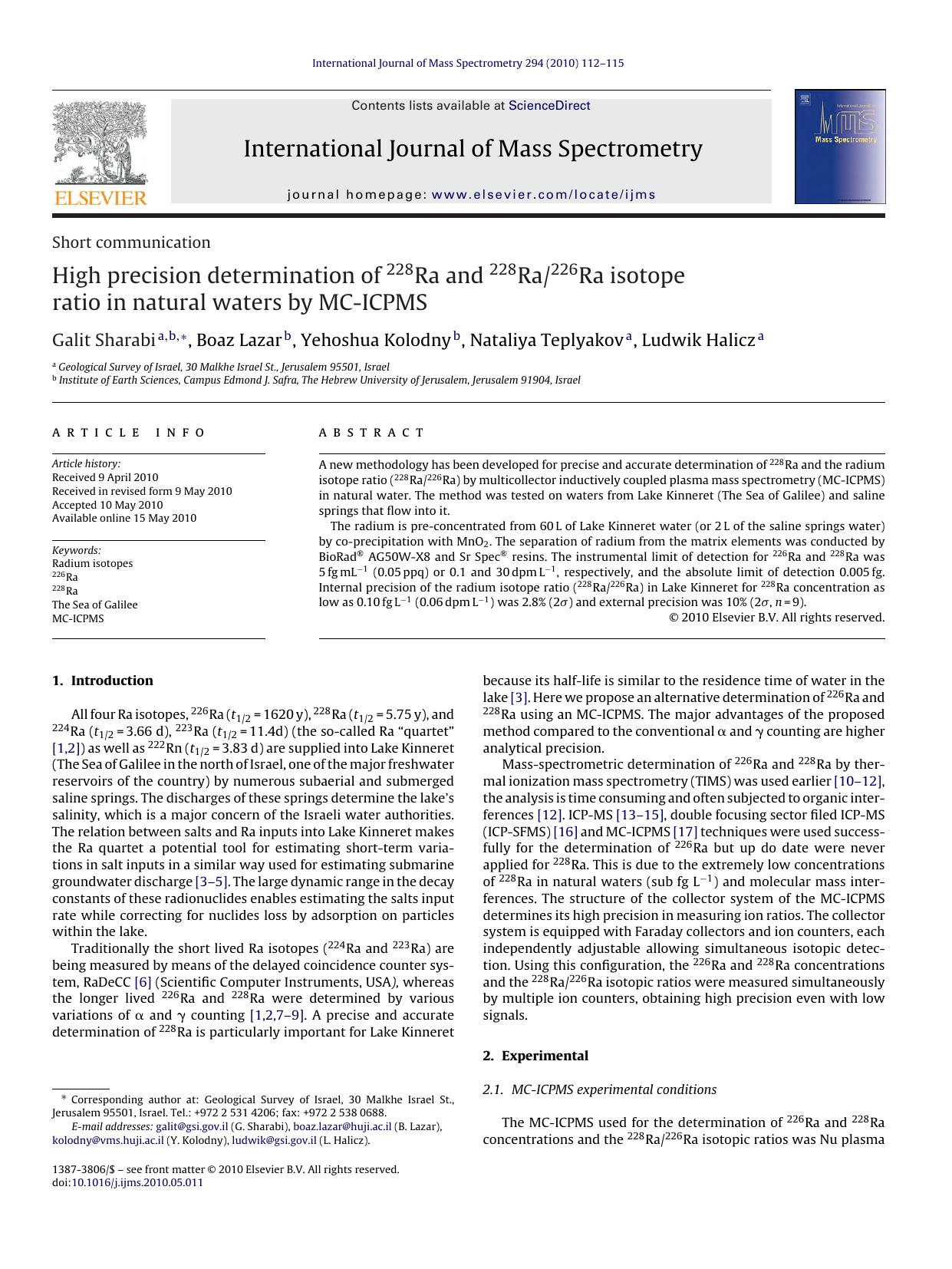 High precision determination of 228Ra and 228Ra226Ra isotope ratio in natural waters by MC-ICPMS by Galit Sharabi