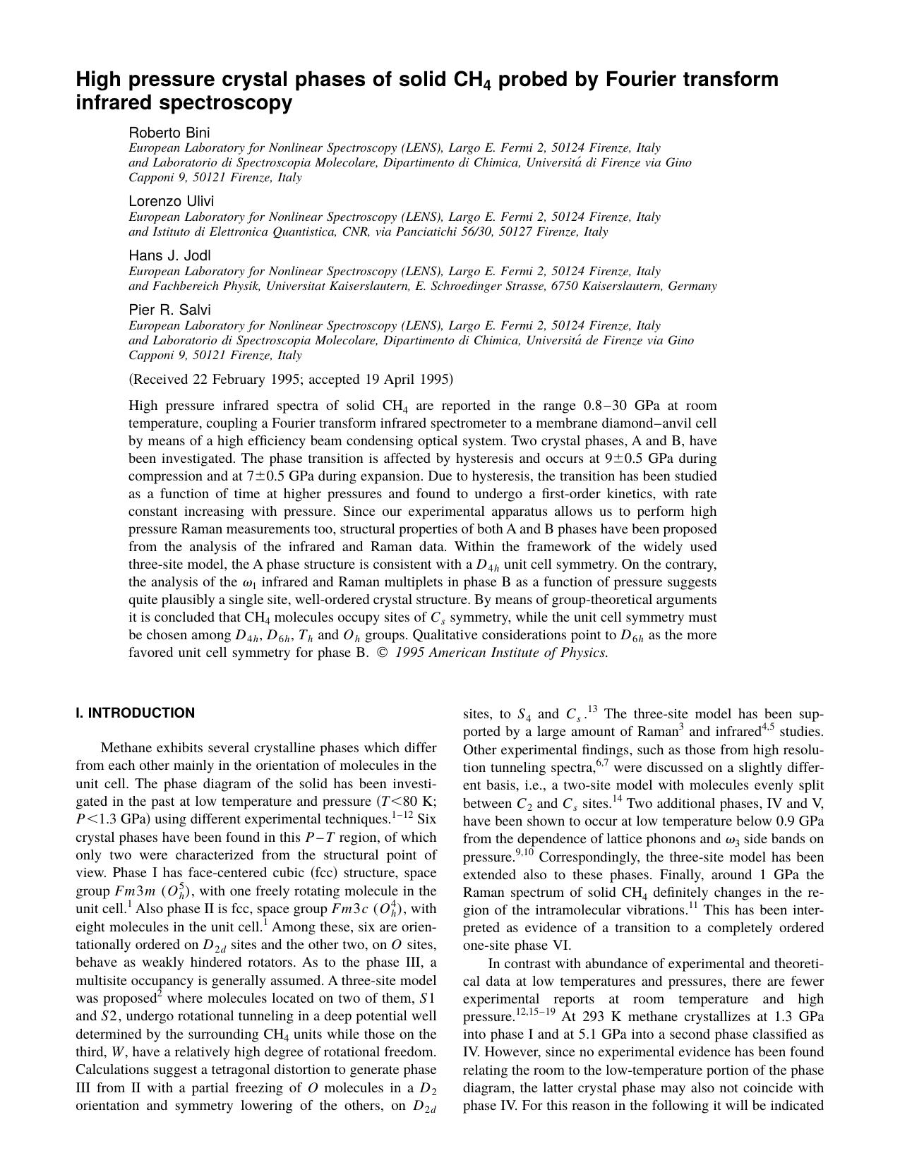 High pressure crystal phases of solid CH 4 probed by Fourier transform infrared spectroscopy by Roberto Bini & Lorenzo Ulivi & Hans J. Jodl & Pier R. Salvi