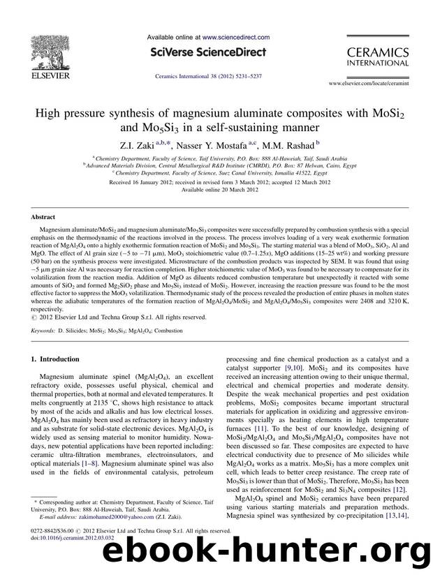 High pressure synthesis of magnesium aluminate composites with MoSi2 and Mo5Si3 in a self-sustaining manner by Z.I. Zaki