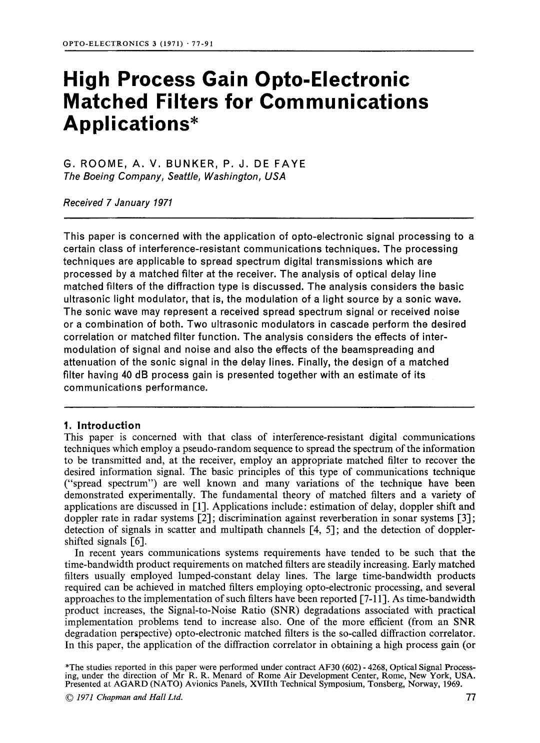 High process gain opto-electronic matched filters for communications applications by Unknown