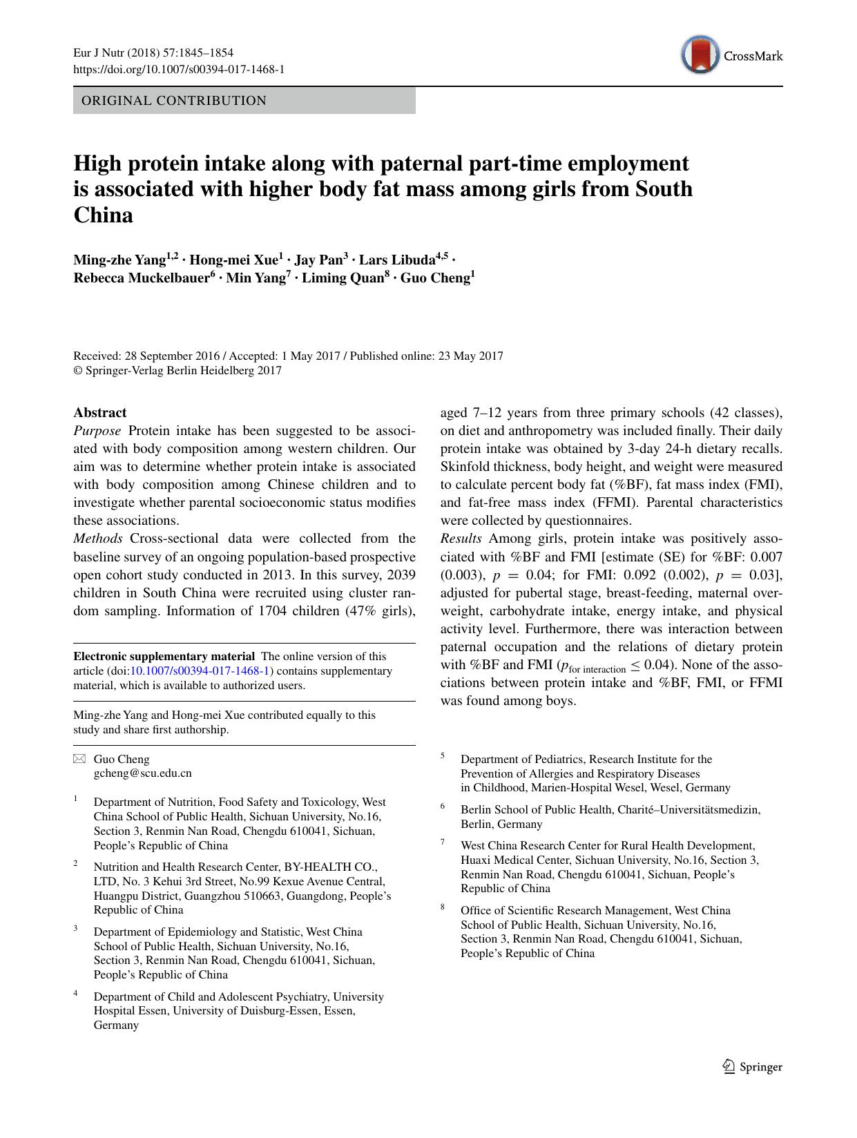 High protein intake along with paternal part-time employment is associated with higher body fat mass among girls from South China by unknow